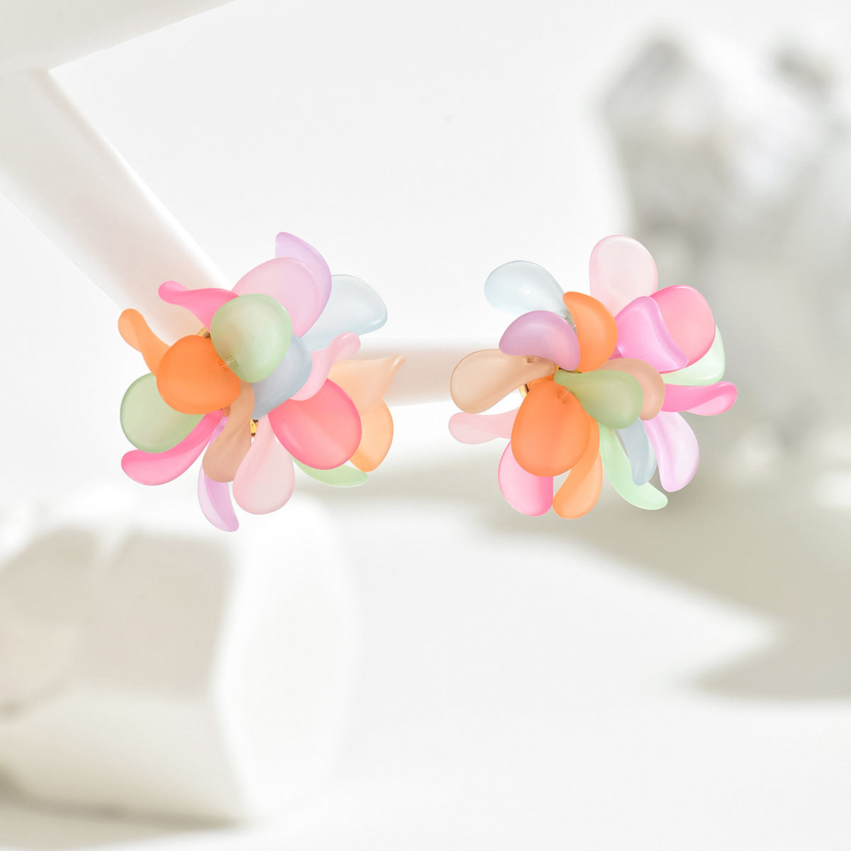 pastel flower statement earrings multicolor translucent petal cluster studs lightweight playful design