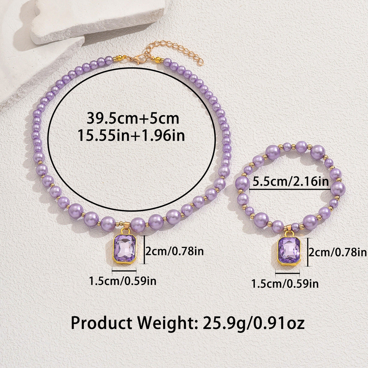 purple zircon pearl jewelry set featuring a beaded purple pearl necklace and matching bracelet with gold rectangular zircon pendant