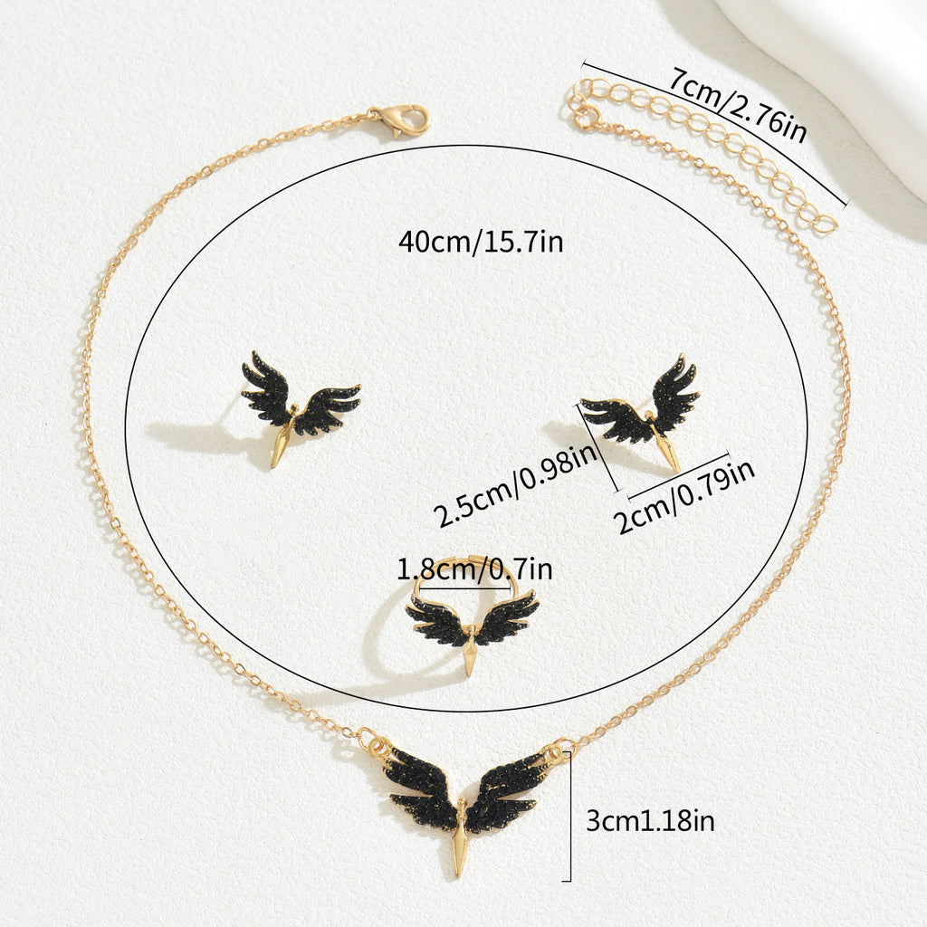 black angel wings jewelry set gold tone necklace with 3cm wing pendant and matching stud earrings and ring