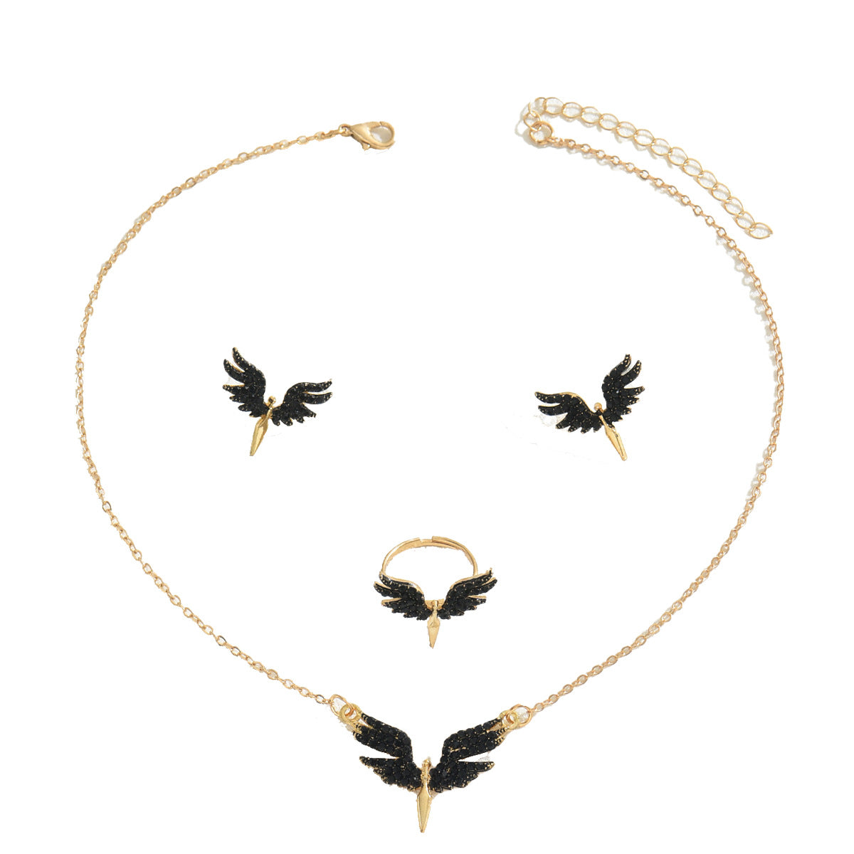 Gold necklace ring and stud earrings featuring black wing accents and spike pendant black angel wings jewelry set