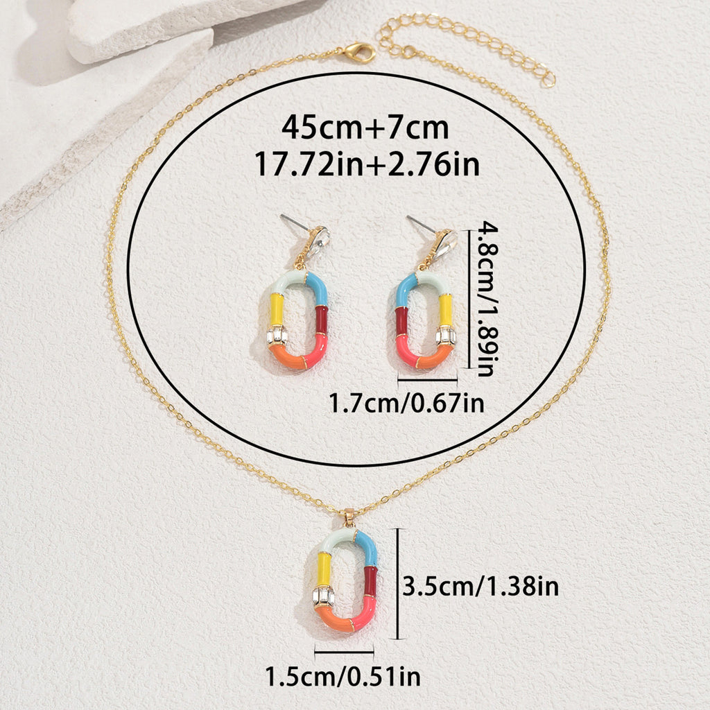 Joy necklace set with matching multicolor enamel chain link pendant and earrings on gold chain colorful enamel necklace
