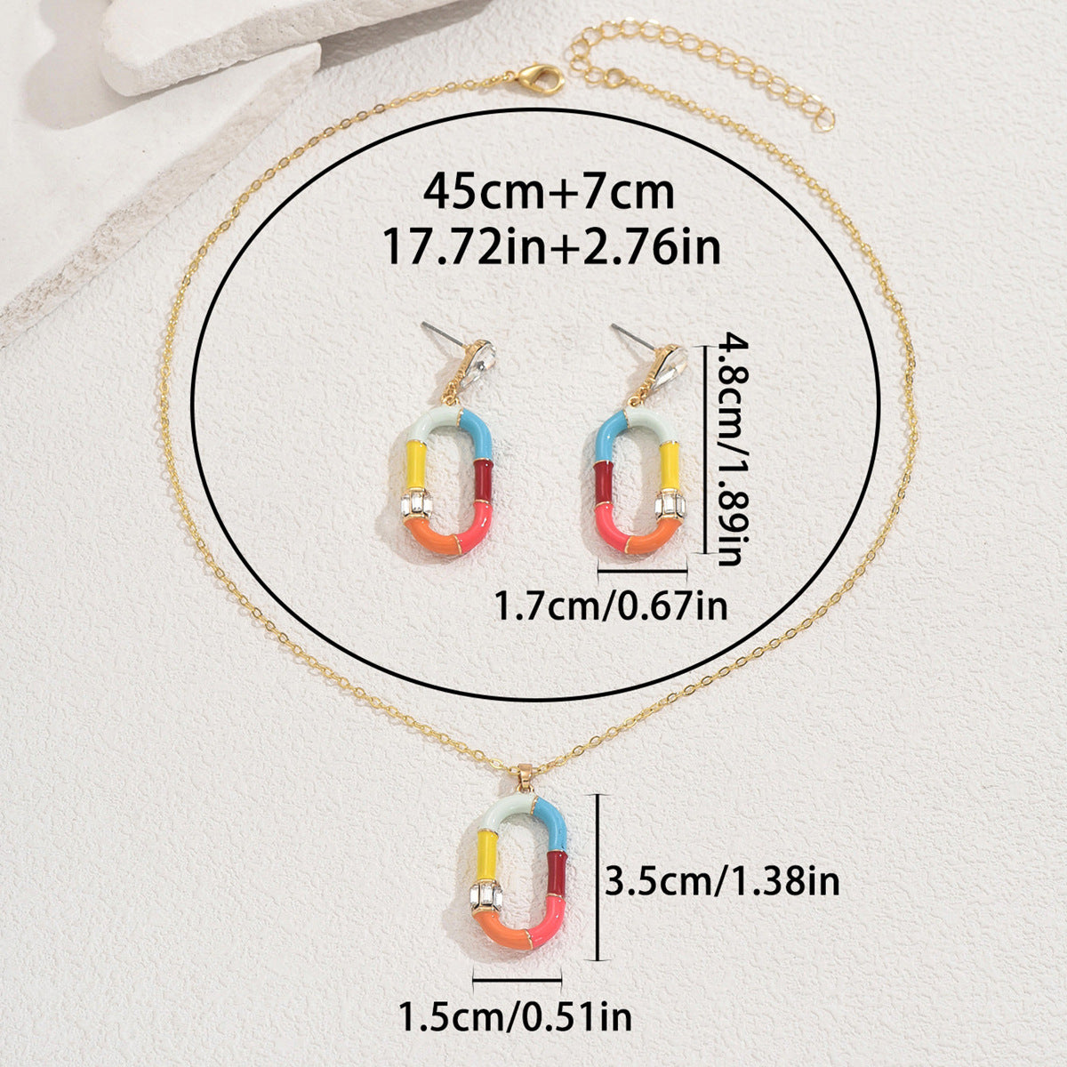 Joy necklace set with matching multicolor enamel chain link pendant and earrings on gold chain colorful enamel necklace