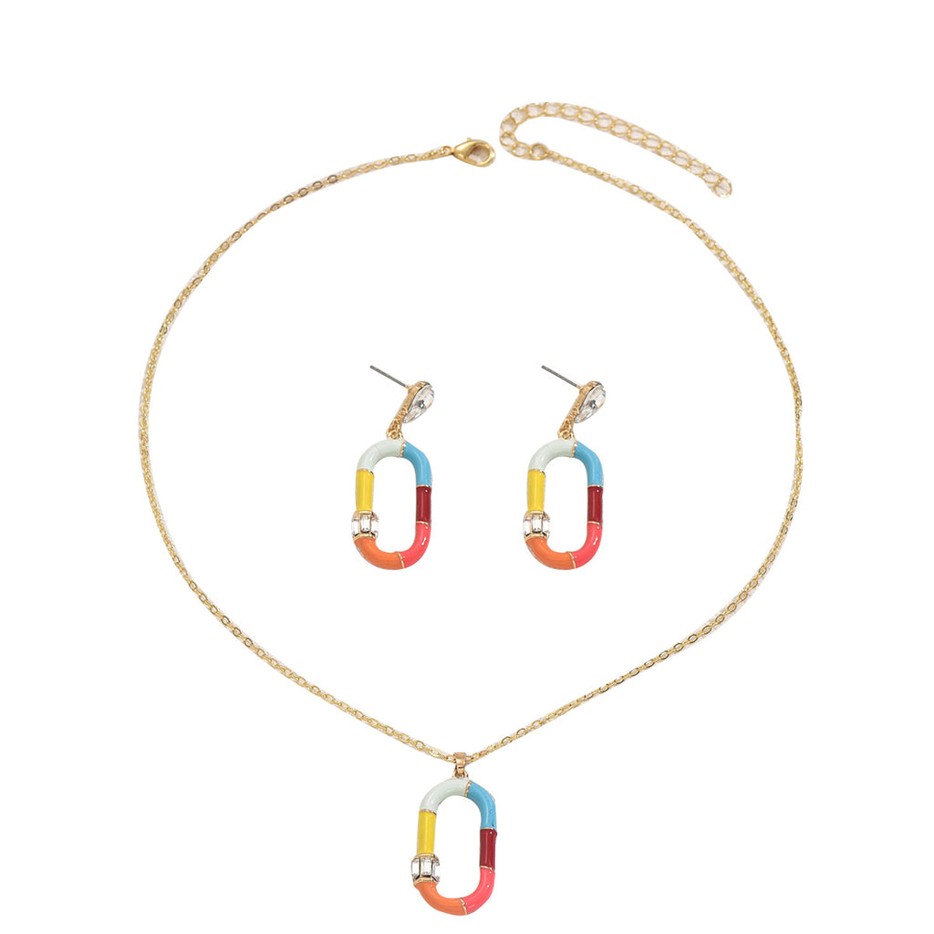 colorful enamel necklace with carabiner style multicolor pendant on gold chain and matching stud earrings