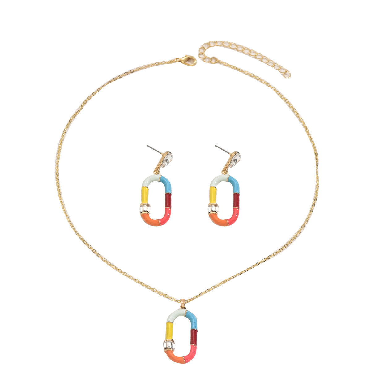 colorful enamel necklace with carabiner style multicolor pendant on gold chain and matching stud earrings