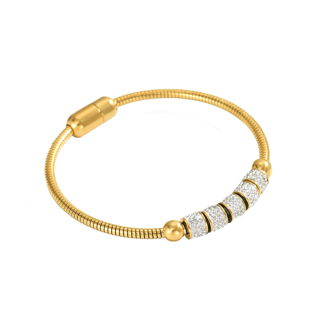 golden geometric magnetic bracelet with gold snake chain crystal encrusted cylindrical beads and magnetic clasp