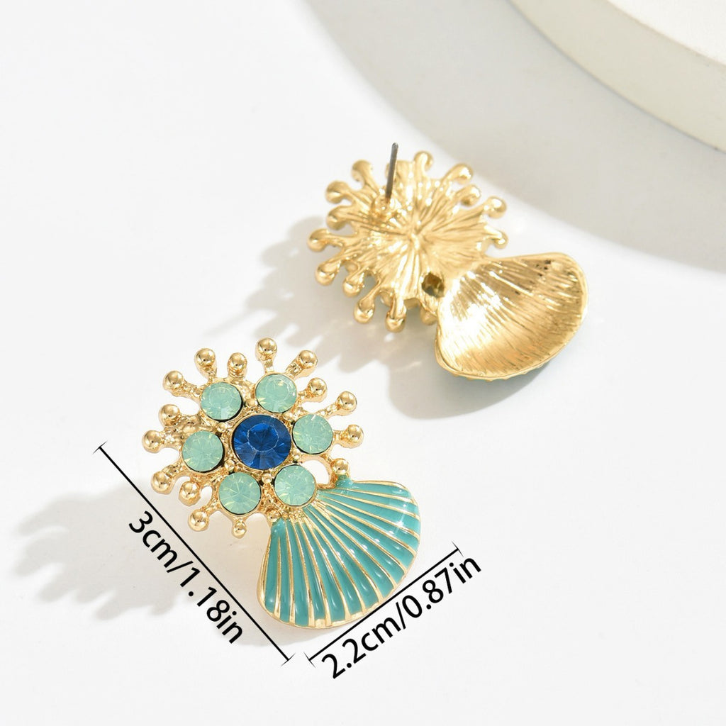 Geometric green shell drop earrings gold tone with teal enamel shell and blue green stone floral studs for everyday wear