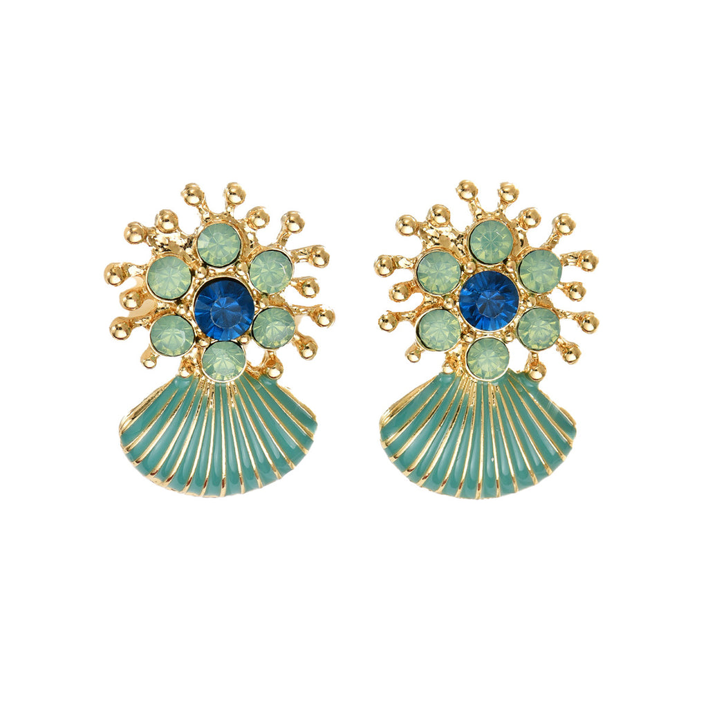 Gold sunburst earrings with blue and mint crystals and green enamel fan shells geometric green shell drop earrings