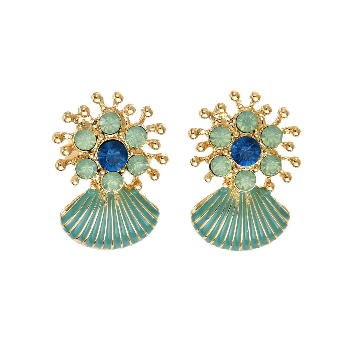Gold sunburst earrings with blue and mint crystals and green enamel fan shells geometric green shell drop earrings