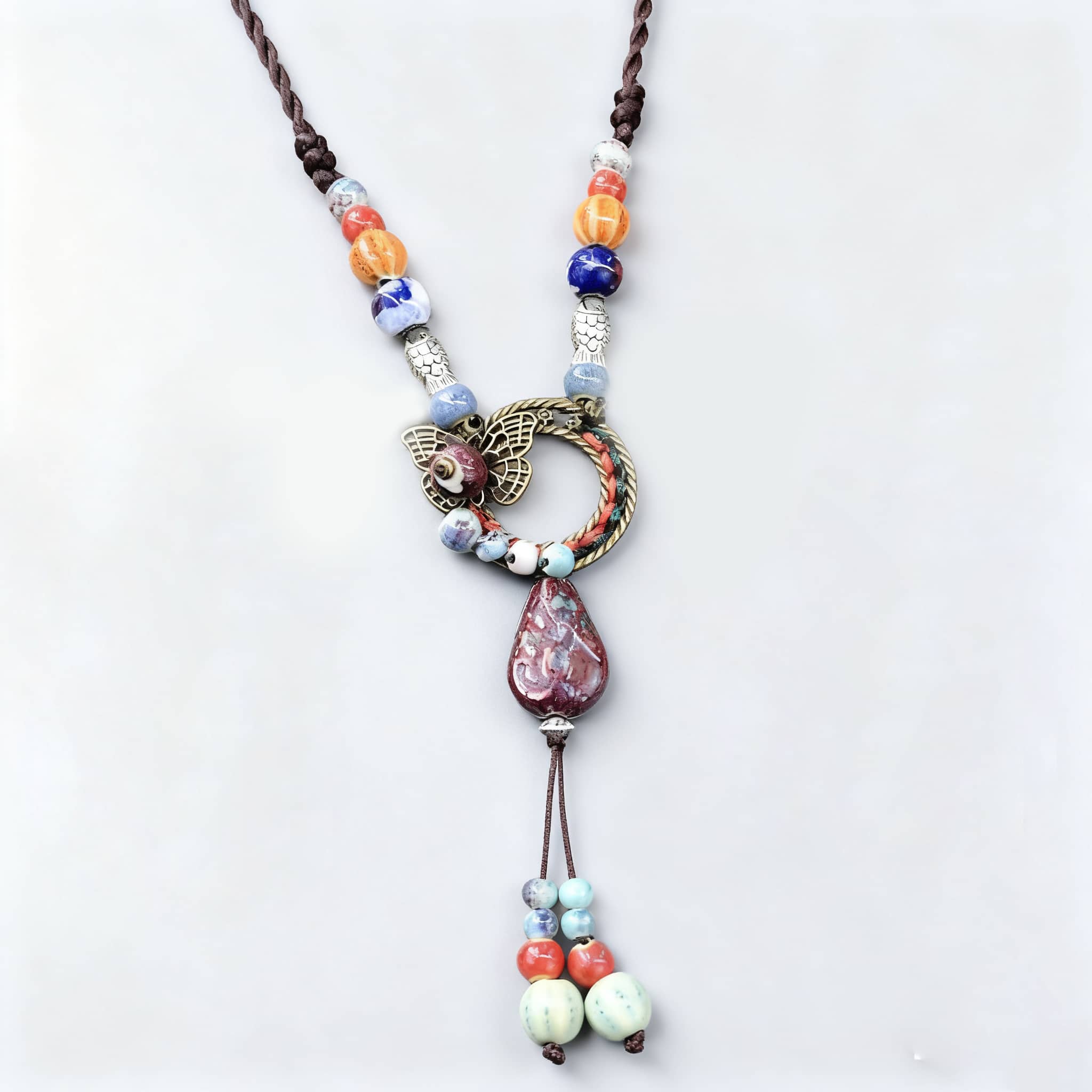 Colorful 5 Senses handmade meaningful ceramic and linen necklace with unique beads and pendant