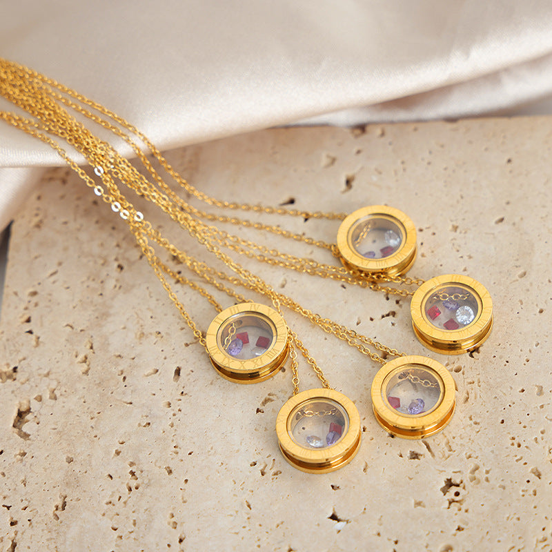 Gold necklaces with round pendants featuring tiny charms, meaningful jewelry for anxiety support