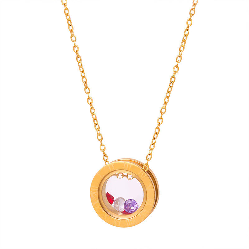 Gold circular necklace with floating multicolor stones meaningful jewelry for anxiety