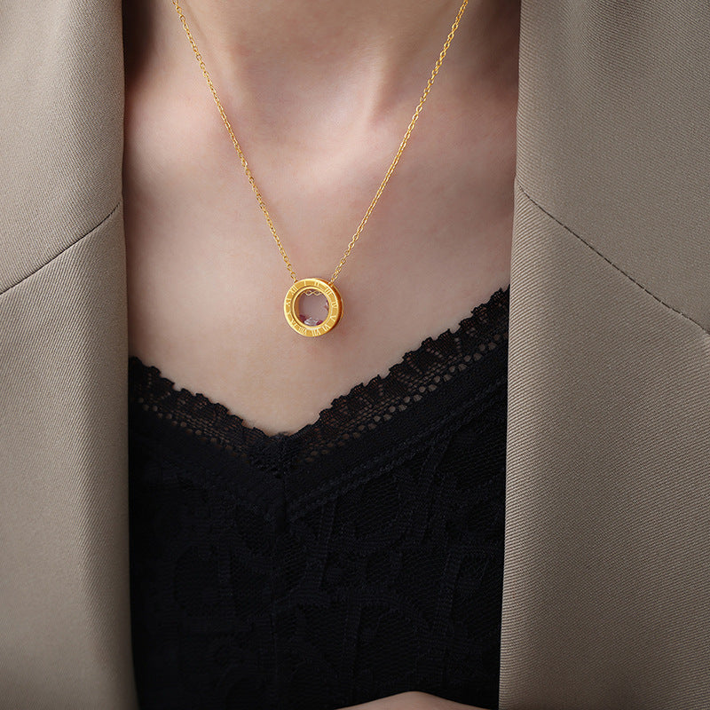 Gold circle pendant necklace worn on neck representing meaningful jewelry for anxiety