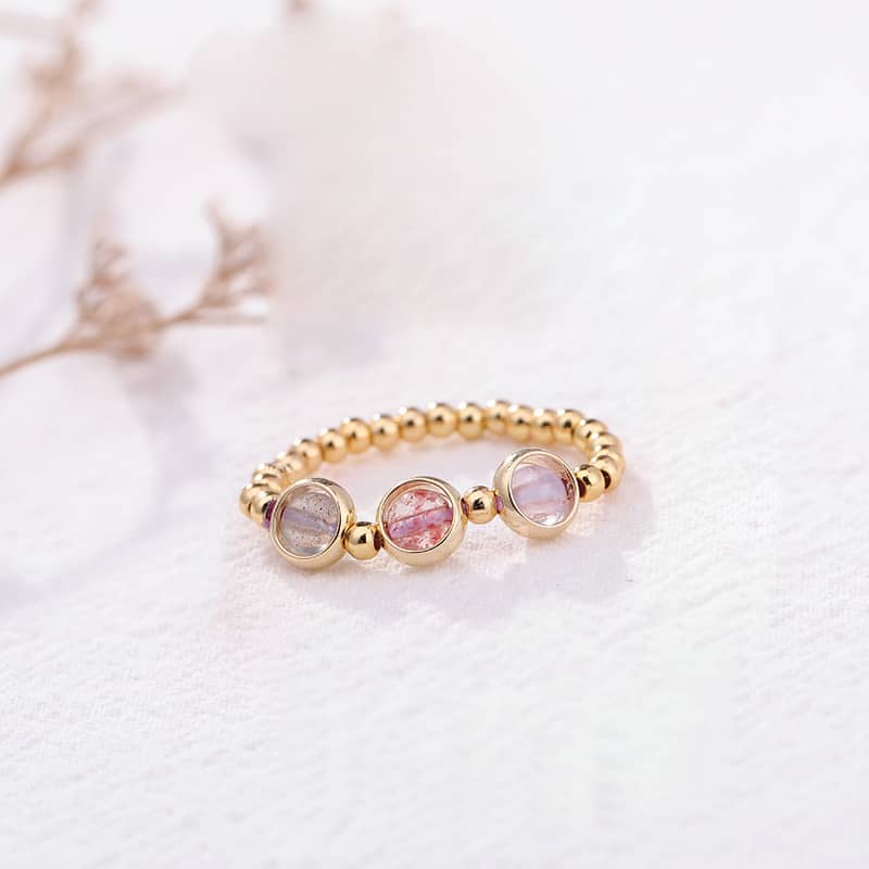 5 Senses Anxious Ring featuring three gemstones on a gold beaded band, ideal mindful jewelry for anxiety relief