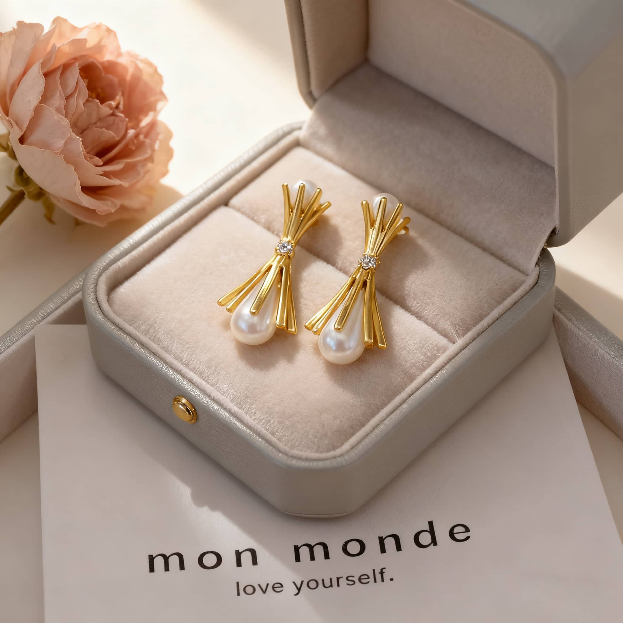 Elegant pearl and gold bouquet earrings displayed in a jewelry box with soft padding