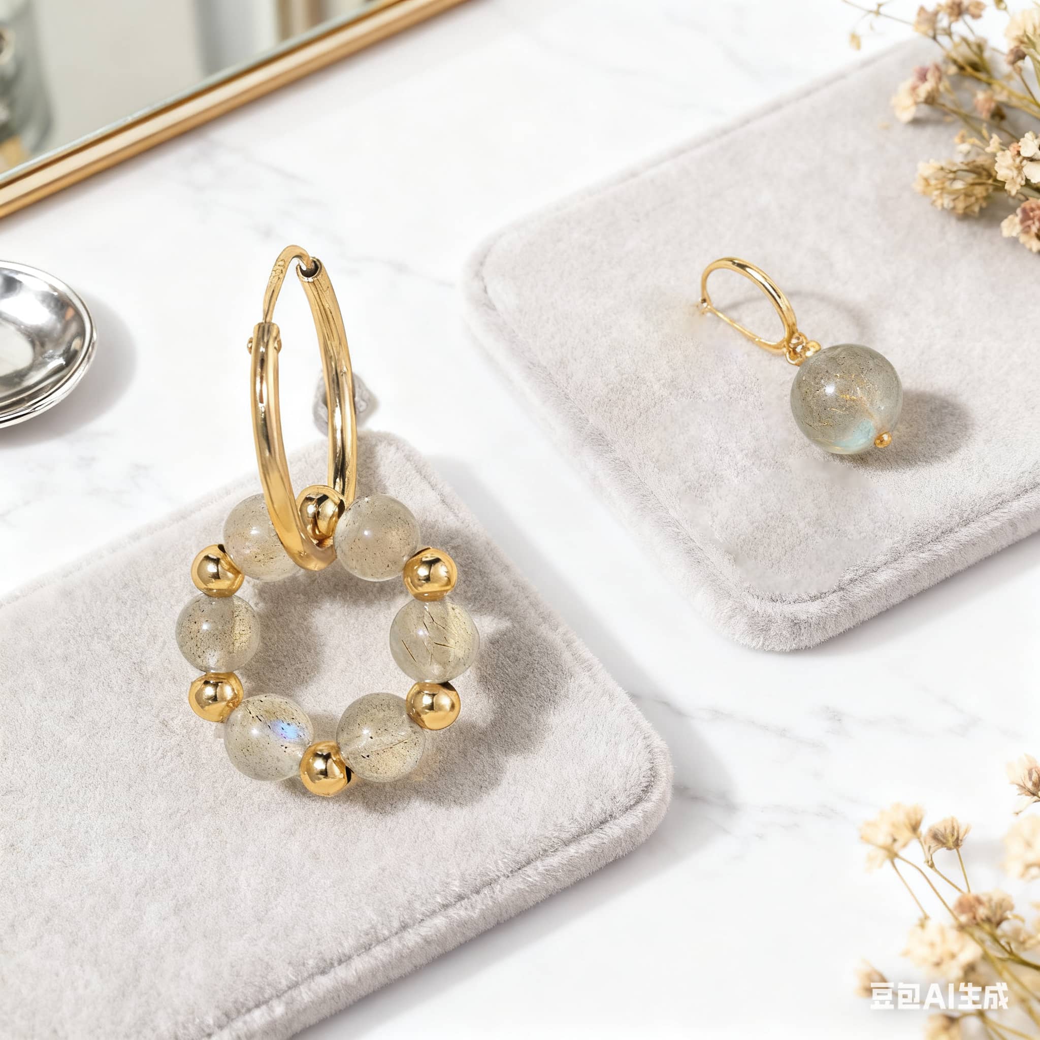 5 Senses moonstone anxiety earrings featuring gold accents and soothing beads for stress relief
