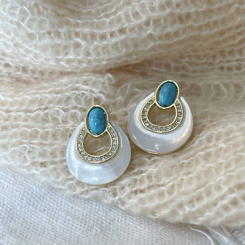 Elegant mother-of-pearl and blue turquoise earrings with sparkling accents, perfect for any outfit
