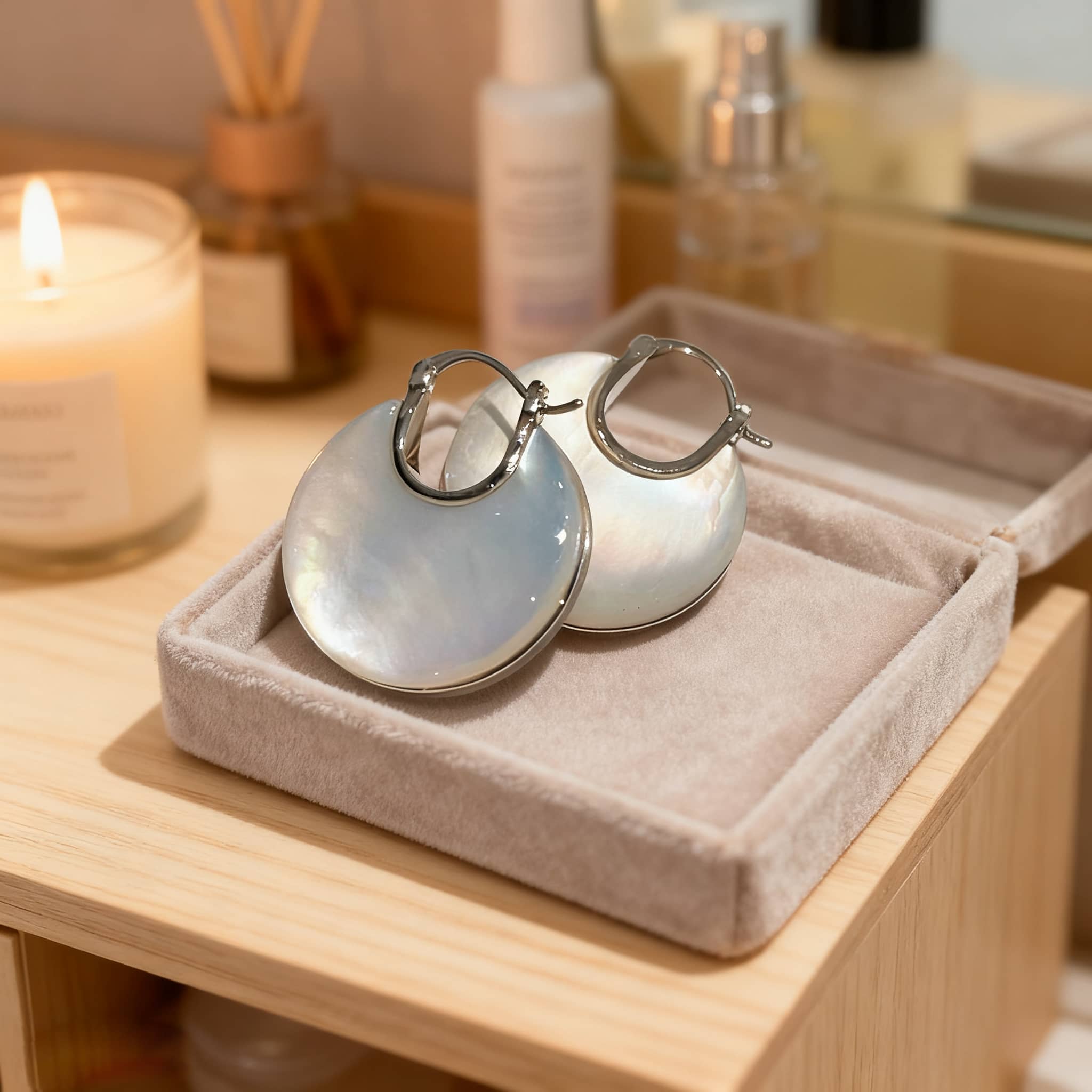 Elegant mother of pearl ear cuffs displayed in a soft velvet box for stylish accessory lovers