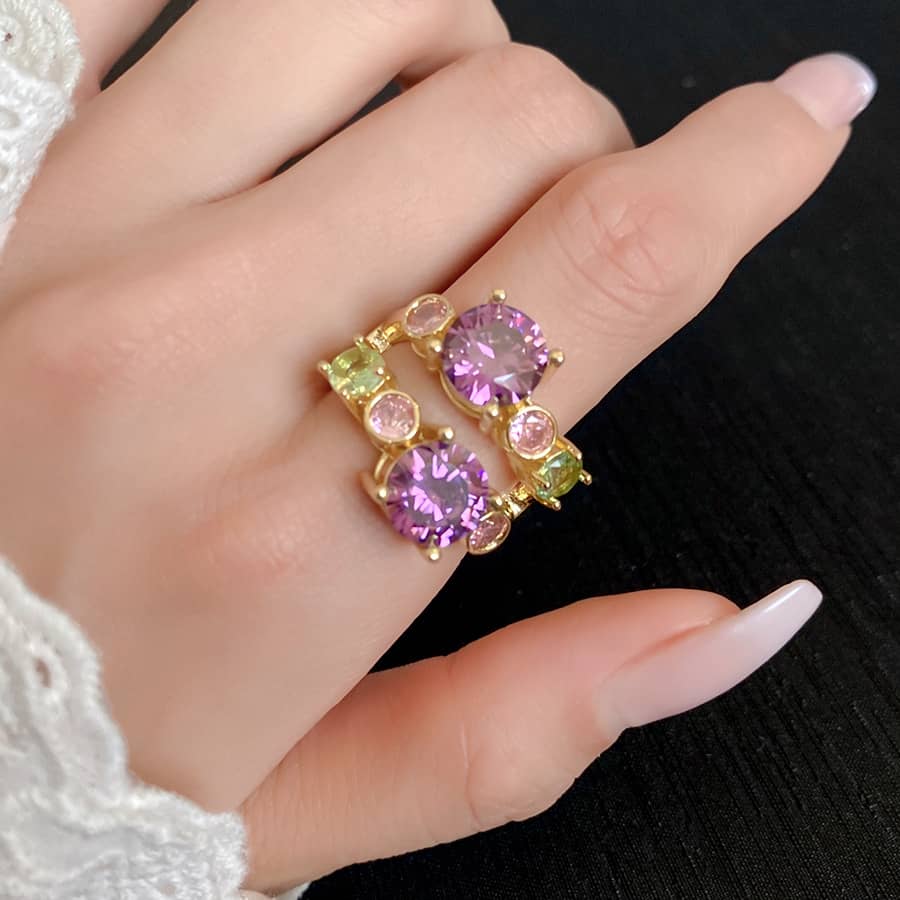 Gold multi-zircon open ring featuring purple and green stones for a stylish accessory