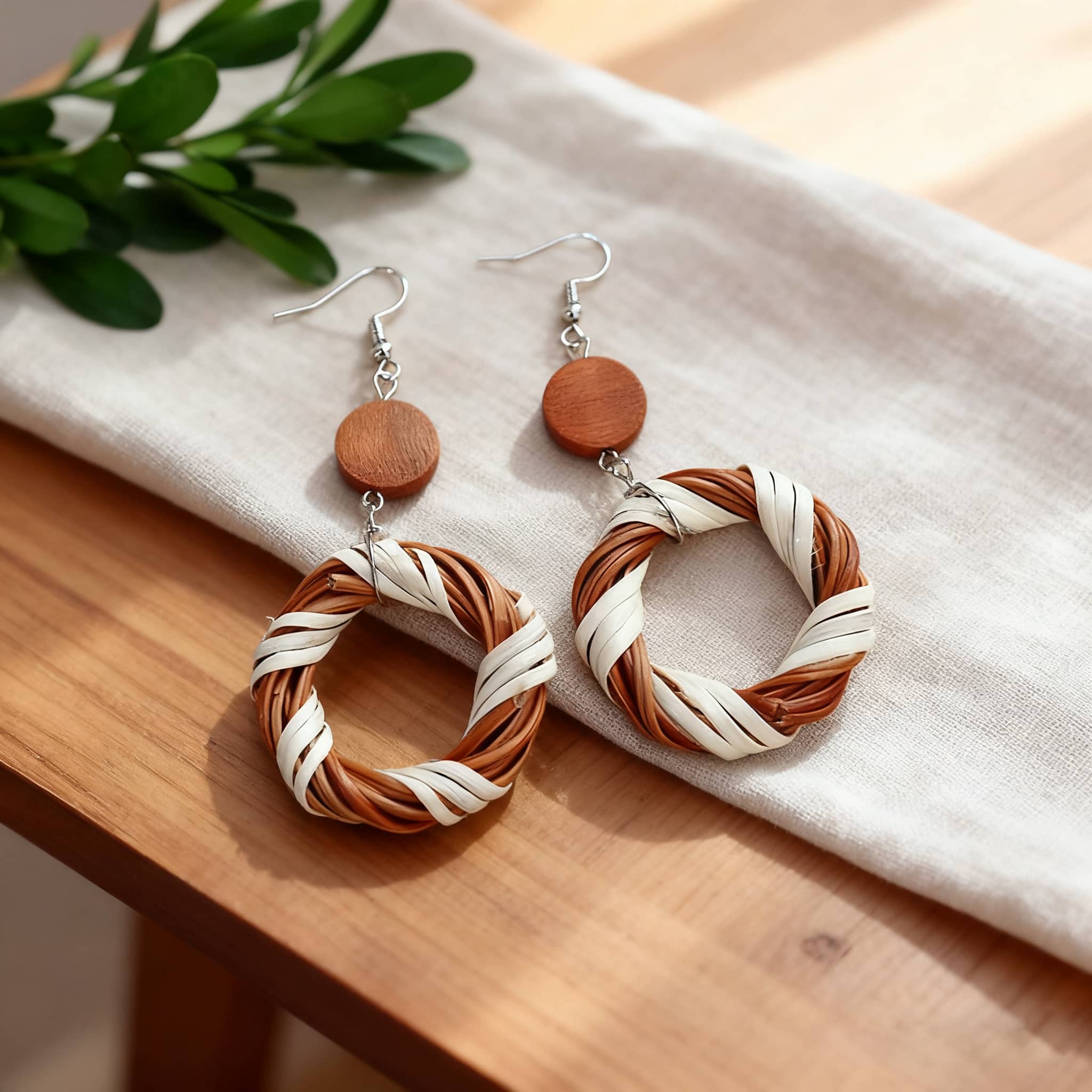 Natural bamboo circle earrings with woven design and wooden accents for a stylish look