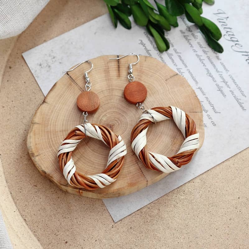 Natural bamboo circle earrings with woven design and wooden accents for a trendy look