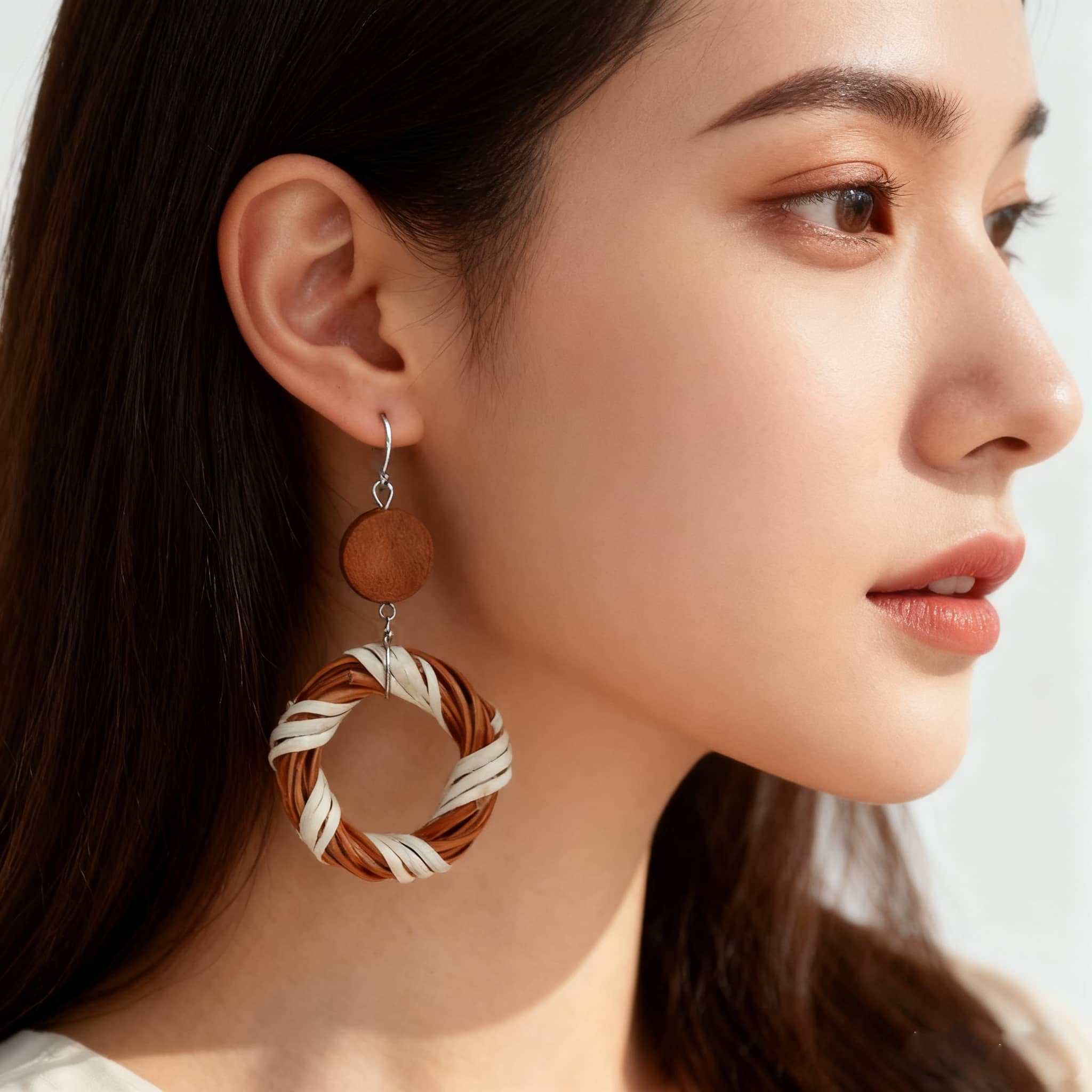 Elegant model wearing natural bamboo circle earrings for a stylish and eco-friendly look