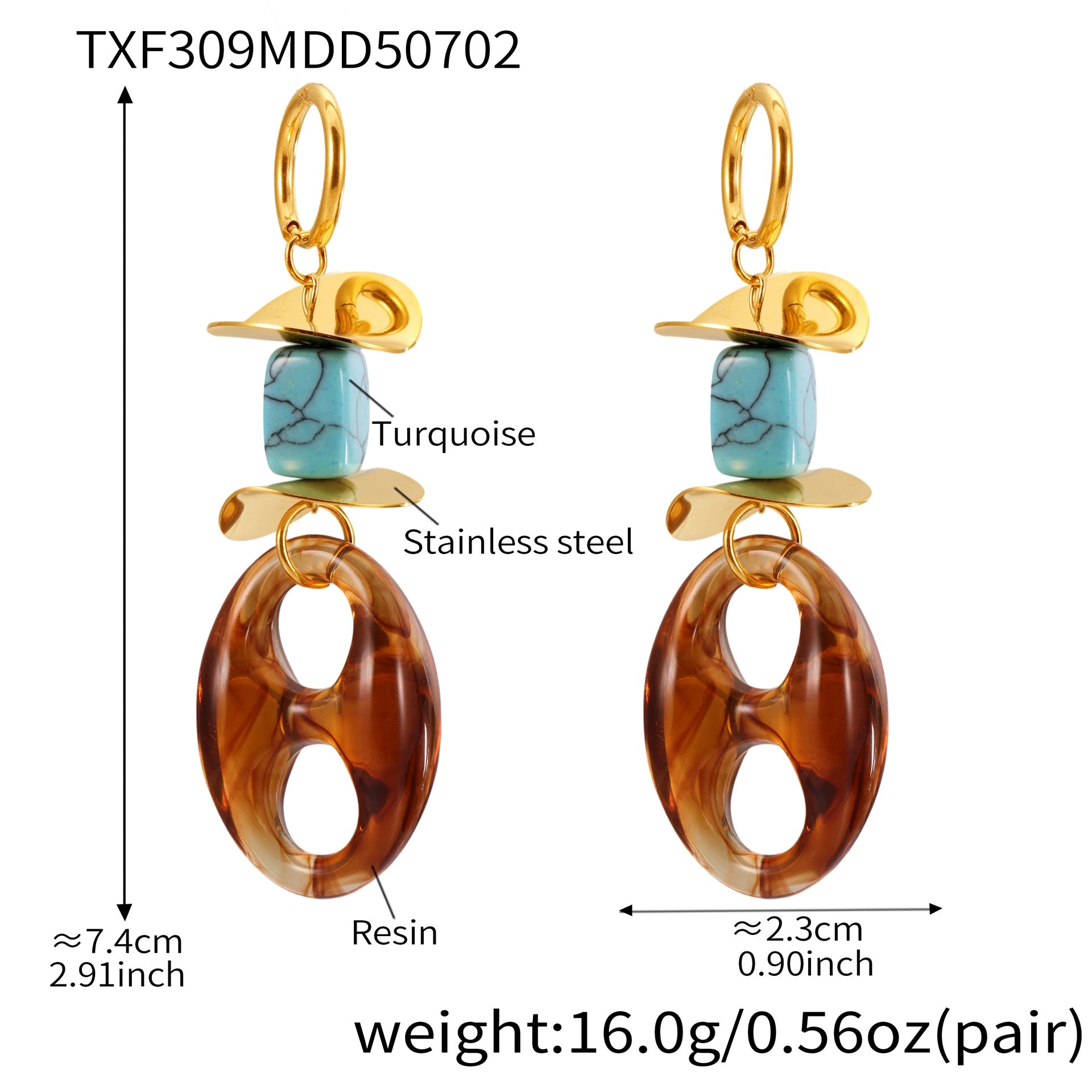 Calm oval resin stud earrings with turquoise and gold stainless steel accents measuring 7.4 cm length