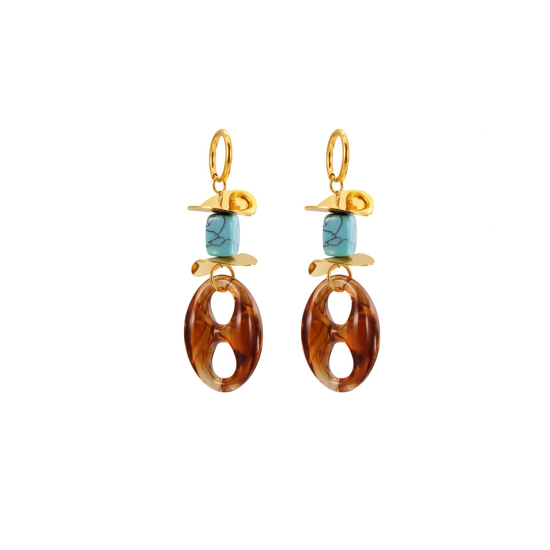 Calm oval resin stud earrings with turquoise and gold accents for stylish, modern wear
