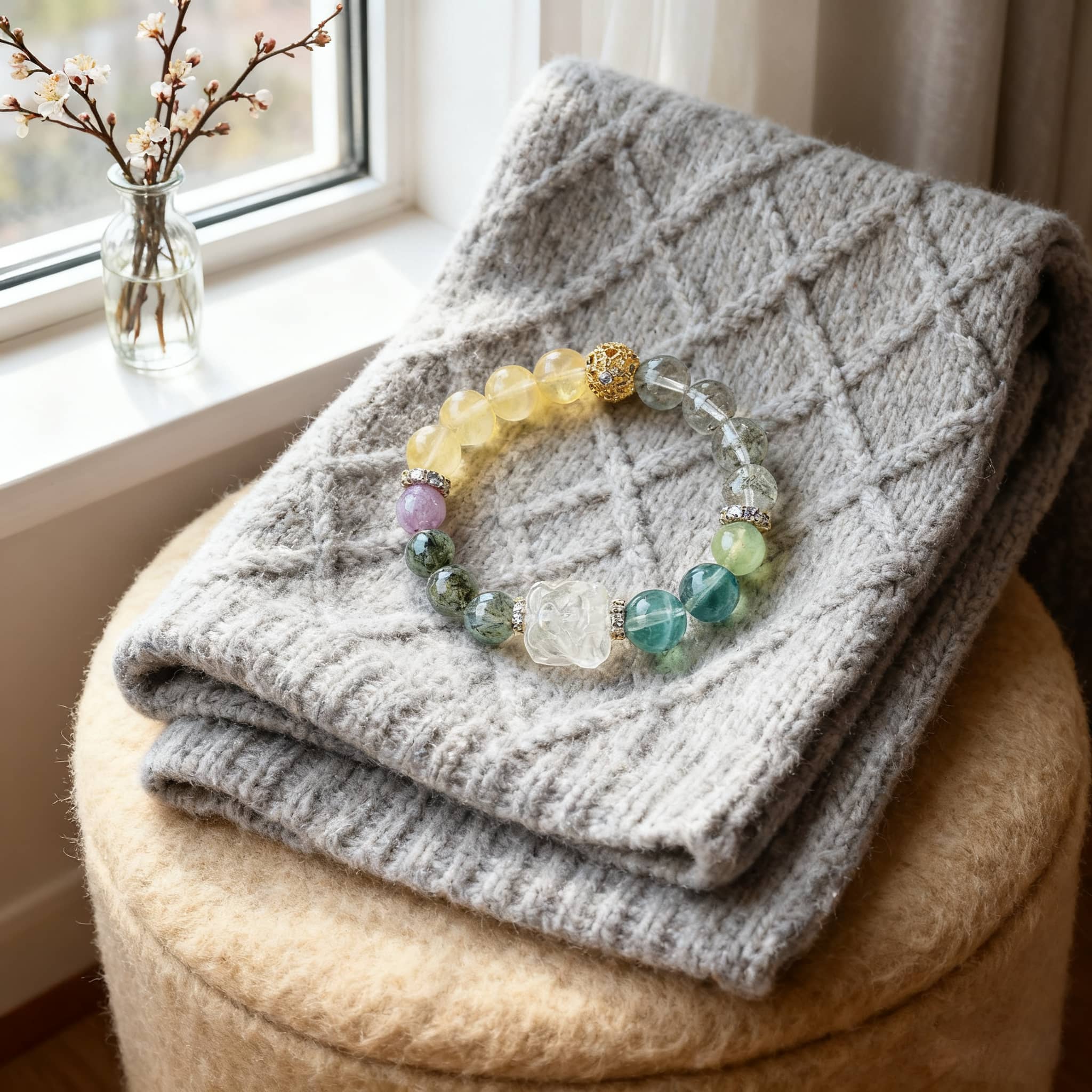 Phoenix and peony gemstone bracelet displayed on a cozy gray blanket near a window