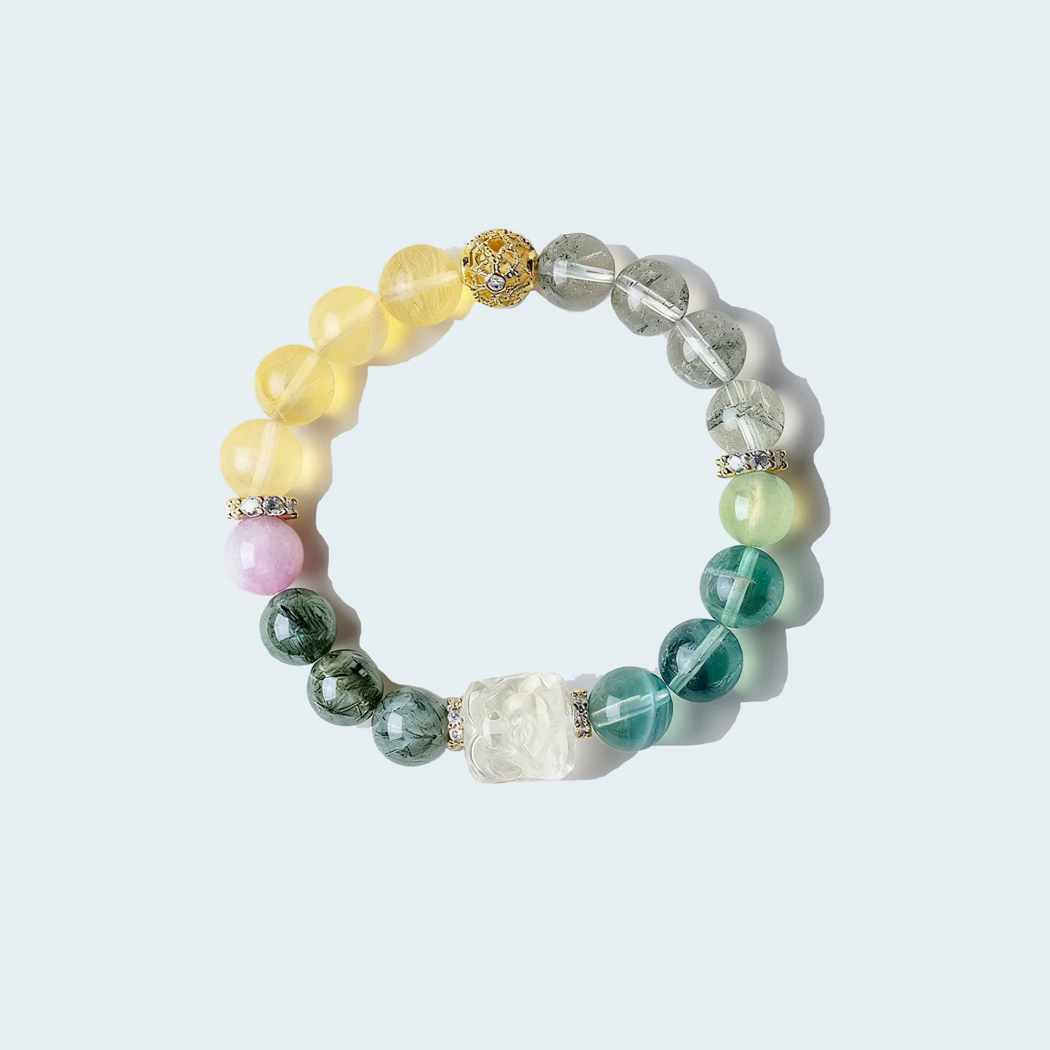Anxious Bracelet featuring phoenix and peony gemstone bracelet with colorful beads for calming energy