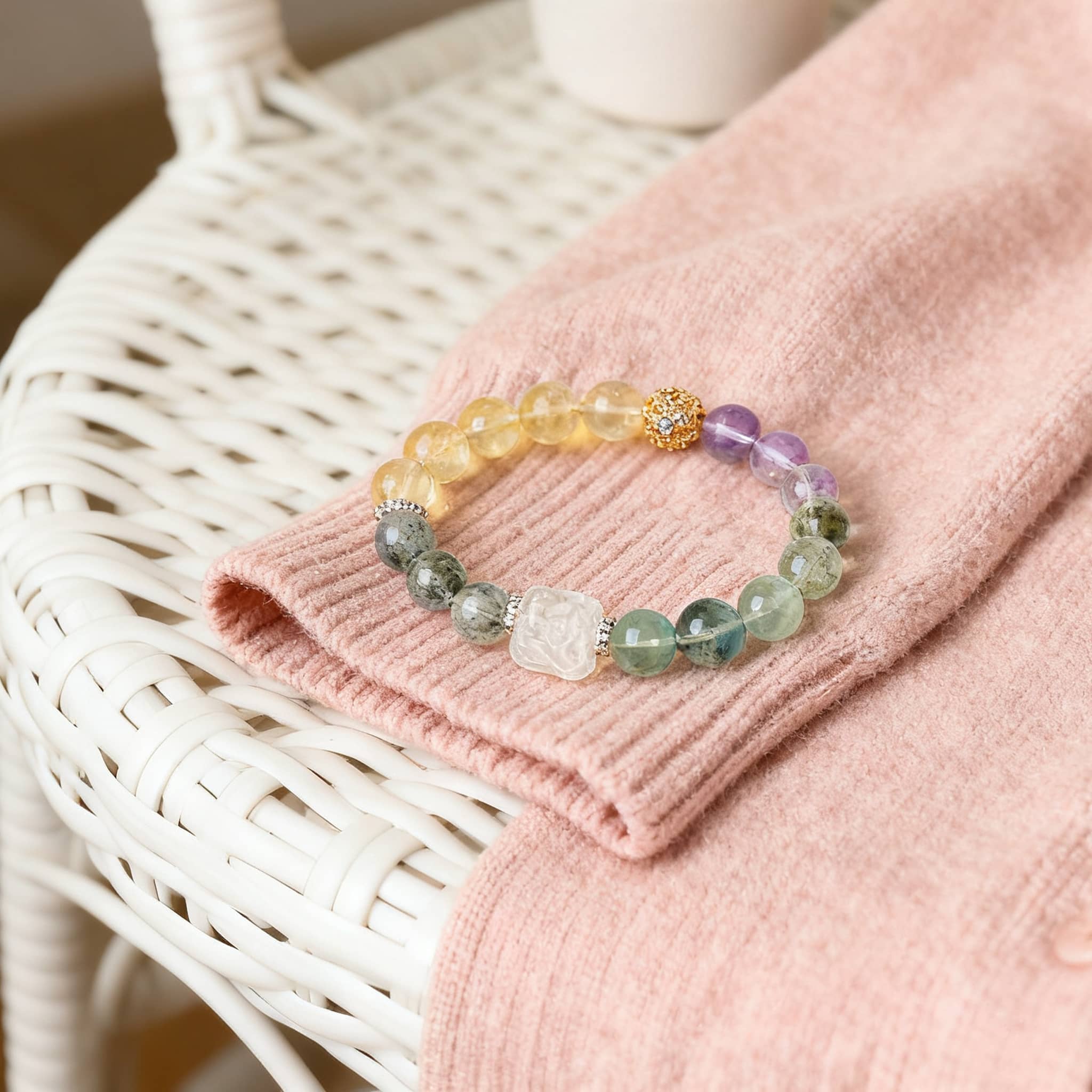 Phoenix and peony gemstone bracelet featuring colorful beads for anxiety relief and style