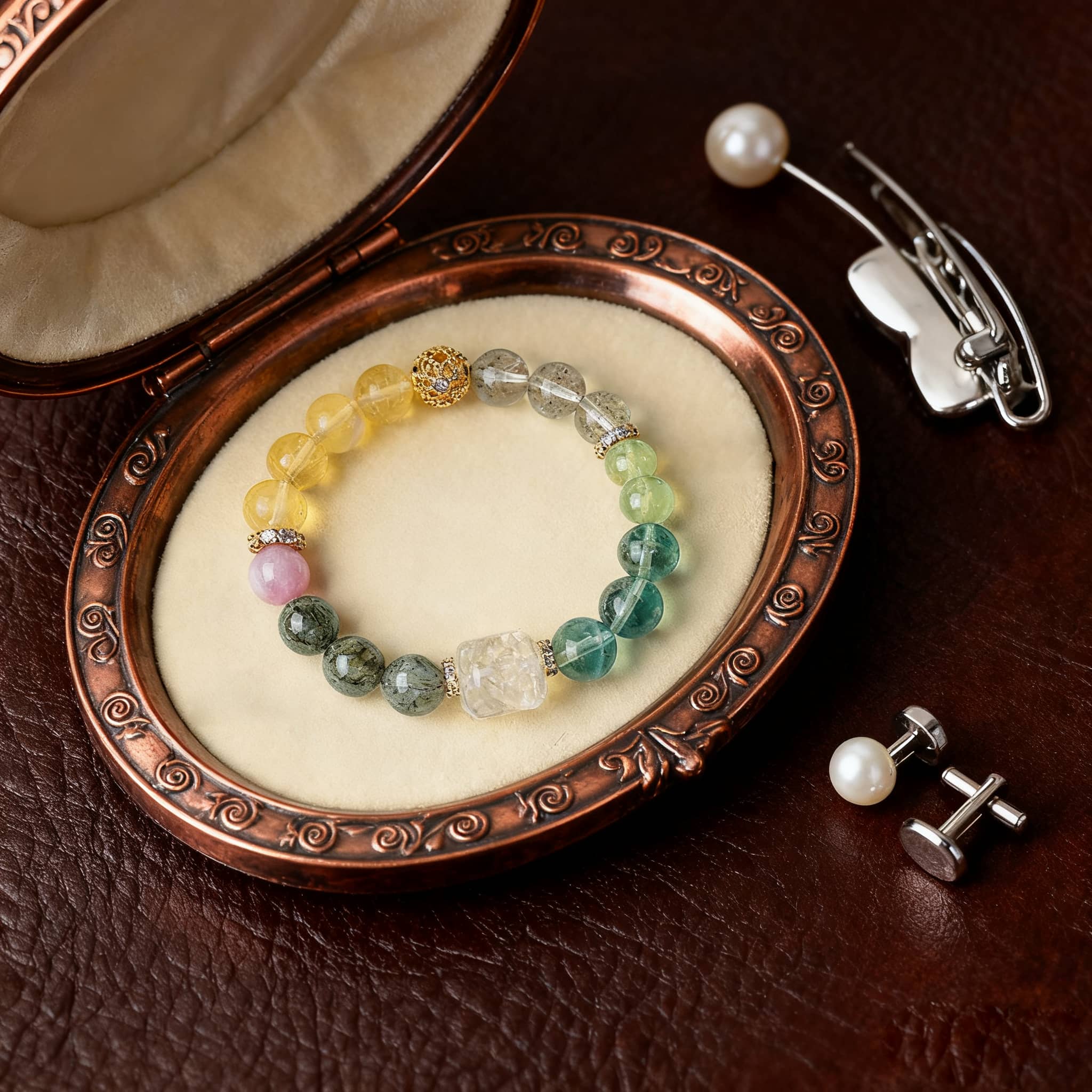 5 Senses phoenix and peony gemstone bracelet featuring multicolored stones in a decorative box