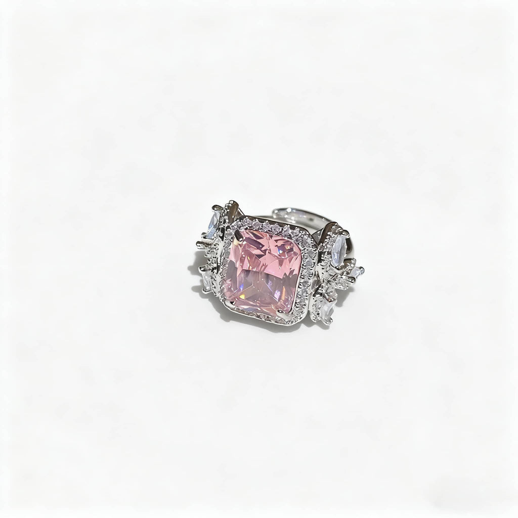 Elegant pink zircon silver ring with a large square pink stone and sparkling accents