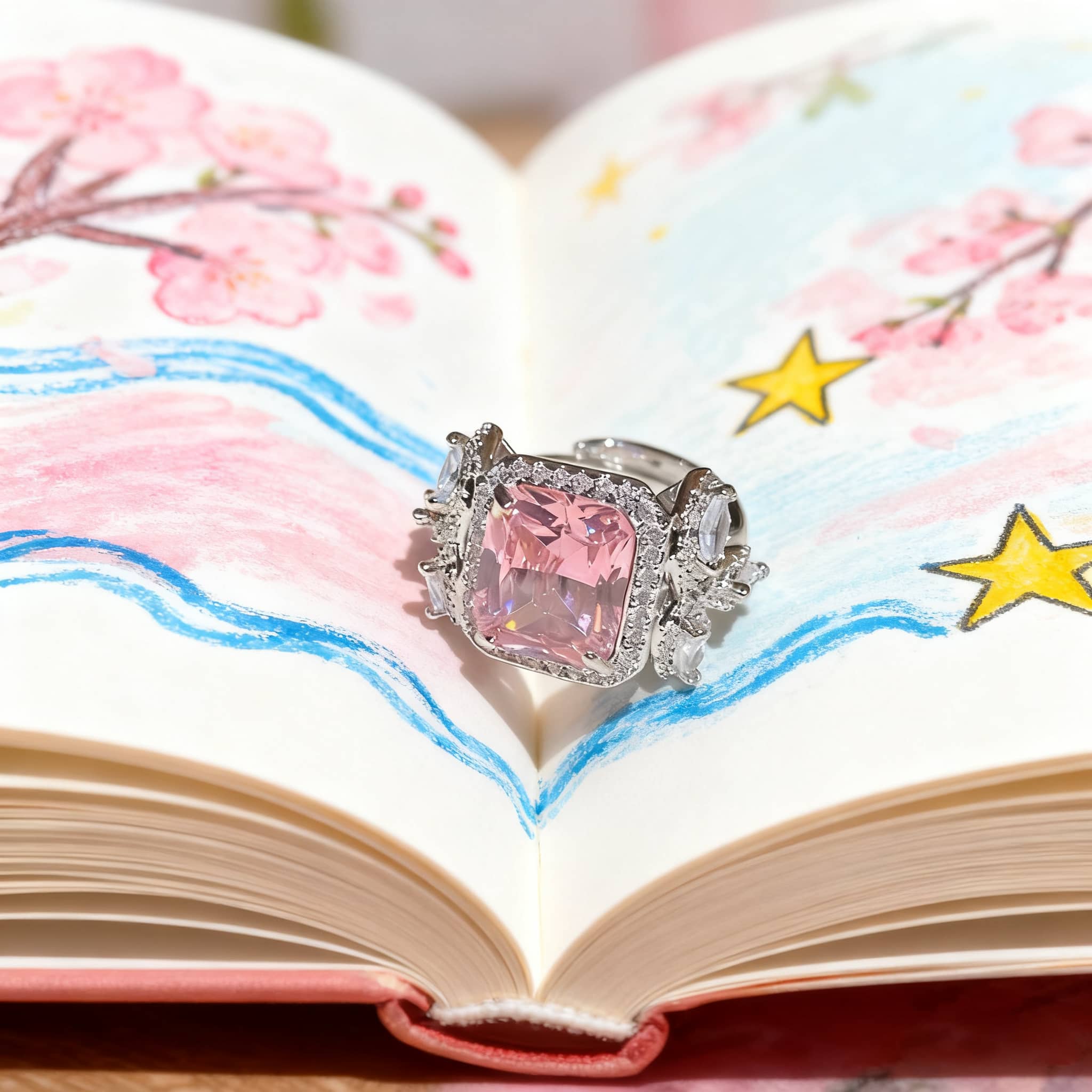 Elegant pink zircon silver ring displayed on an open book with floral and star illustrations
