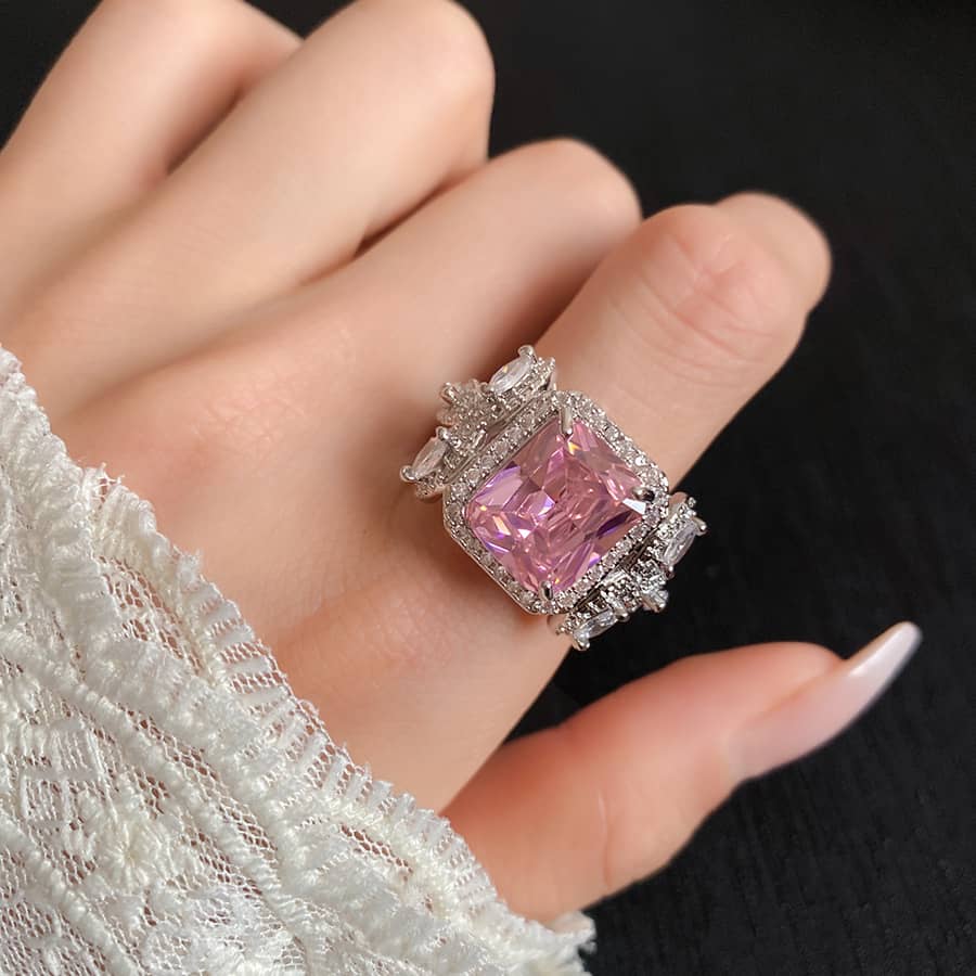 Stunning pink zircon silver ring with intricate detailing, perfect for elegant occasions