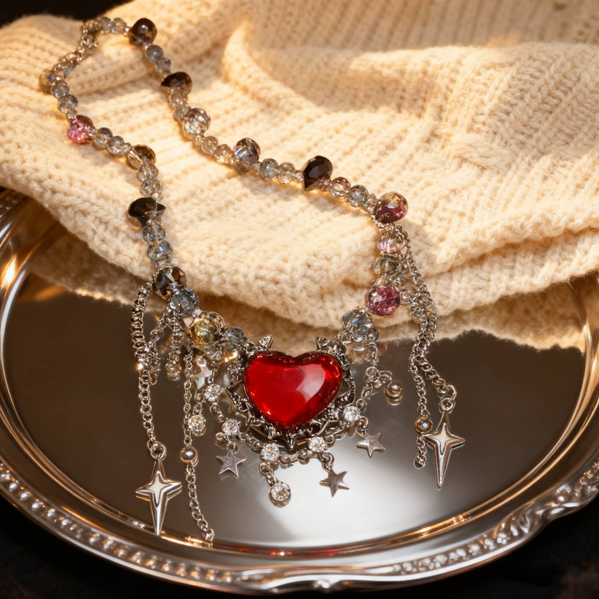 Punk heart fringe necklace with a red heart charm and silver star accents on a decorative plate