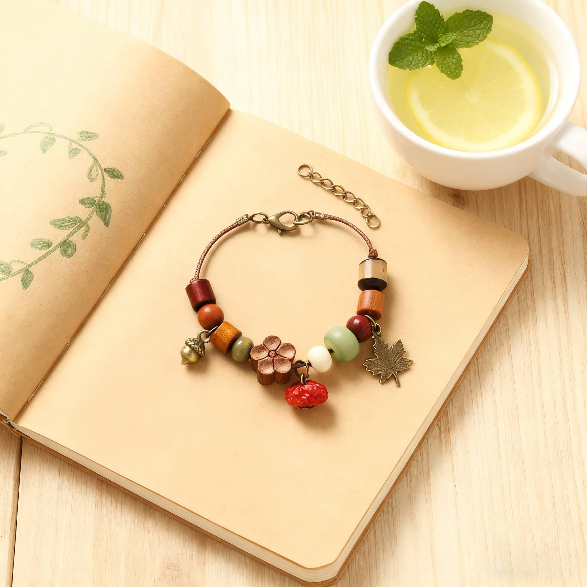 Colorful red berry wood bead bracelet with floral and leaf charms on a wooden surface