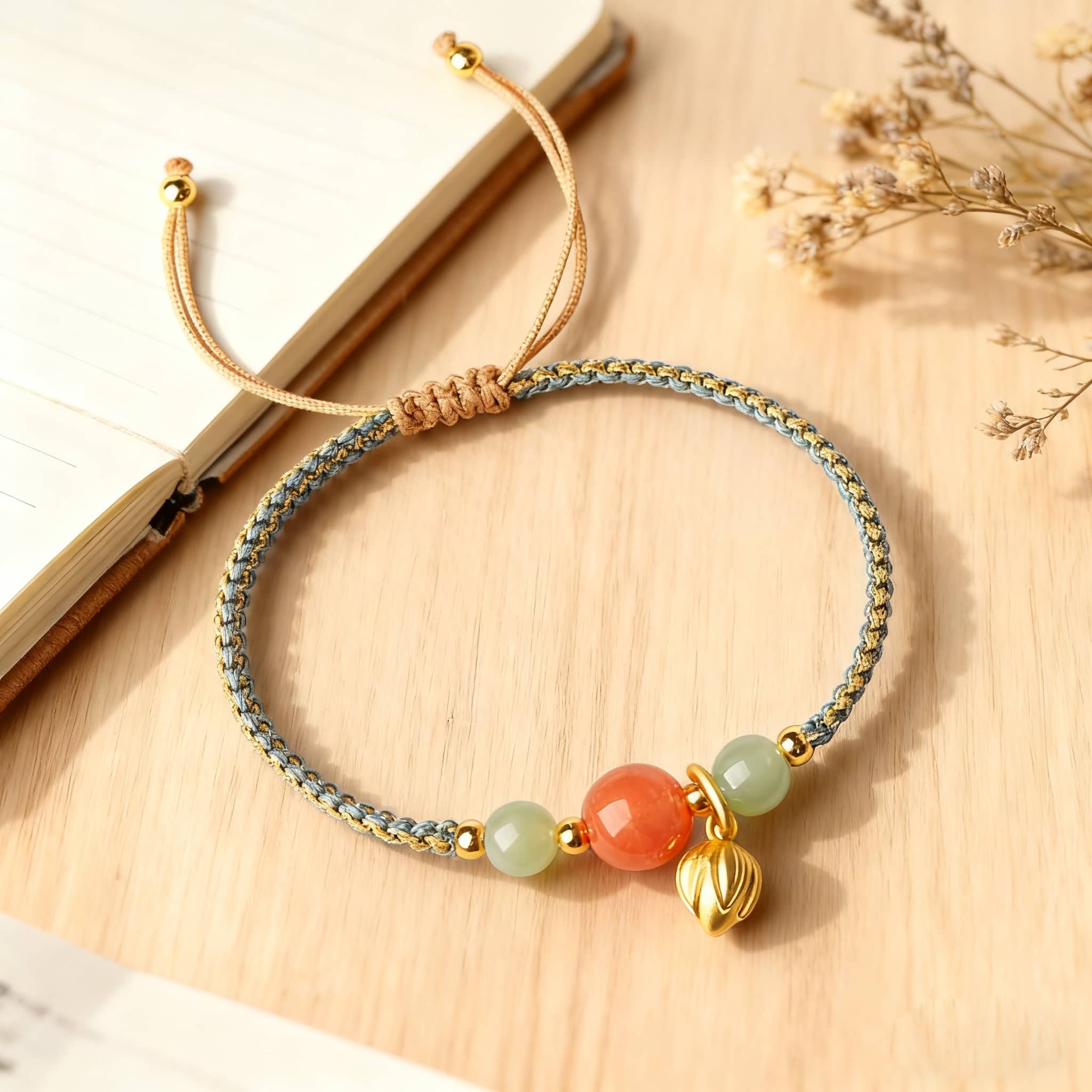 Stylish red chalcedony lotus bracelet with green accents and adjustable strap from 5 Senses