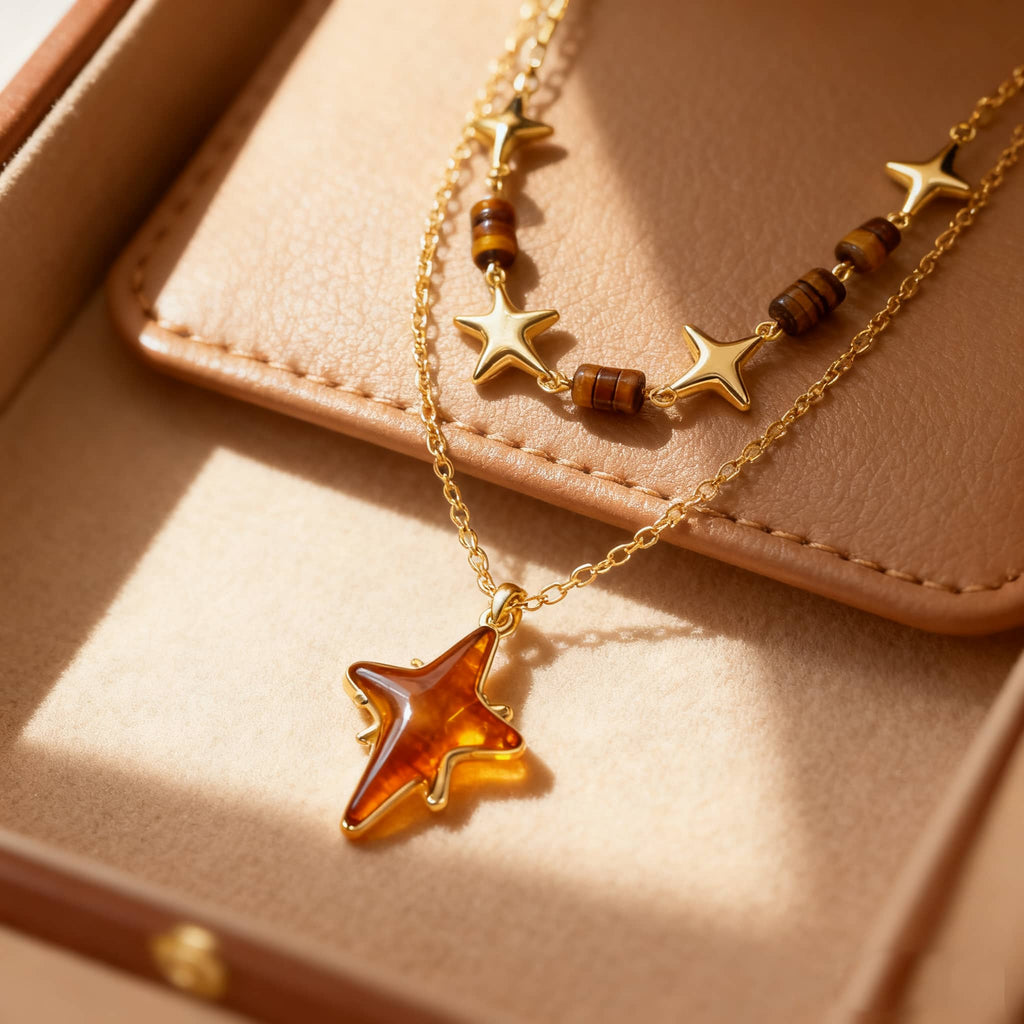 Angry necklace featuring a resin star pendant jewelry with gold accents and bead details