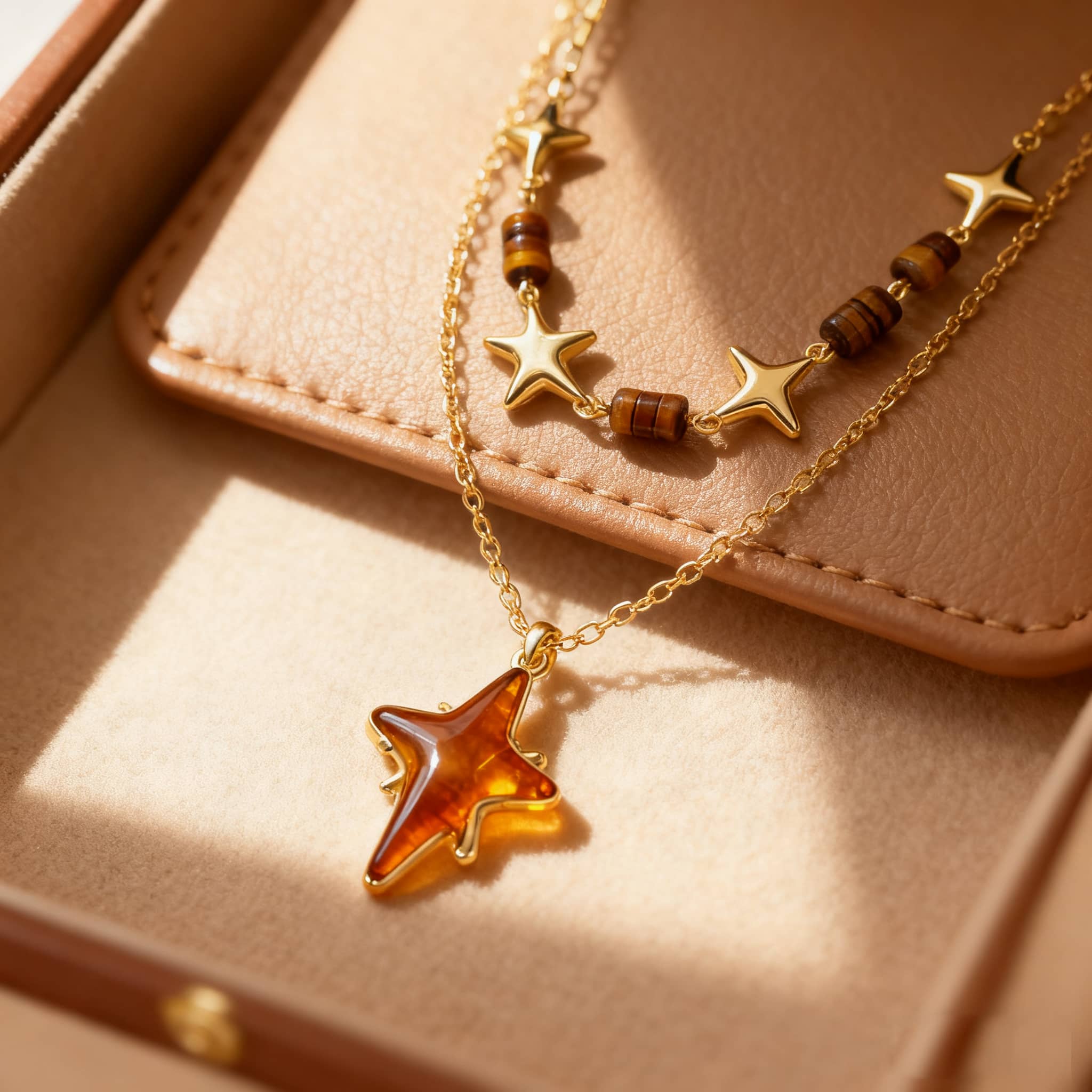 Angry necklace featuring a resin star pendant jewelry with gold accents and bead details