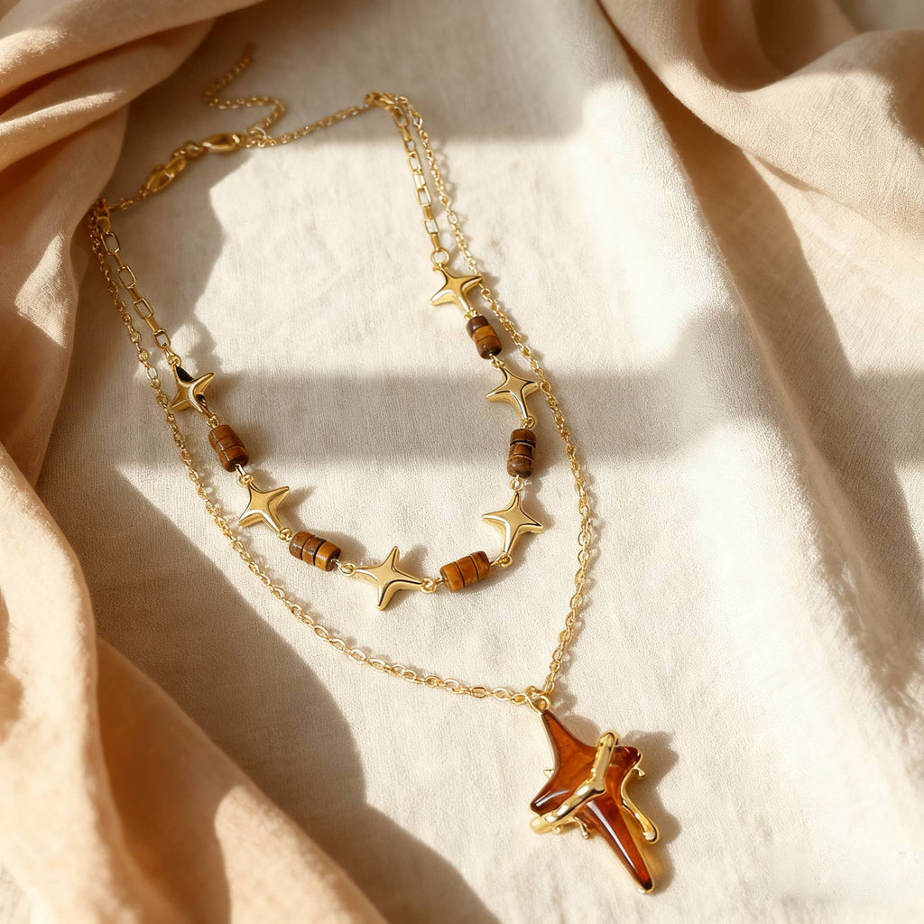 Angry necklace featuring a resin star pendant jewelry with gold accents and layered design