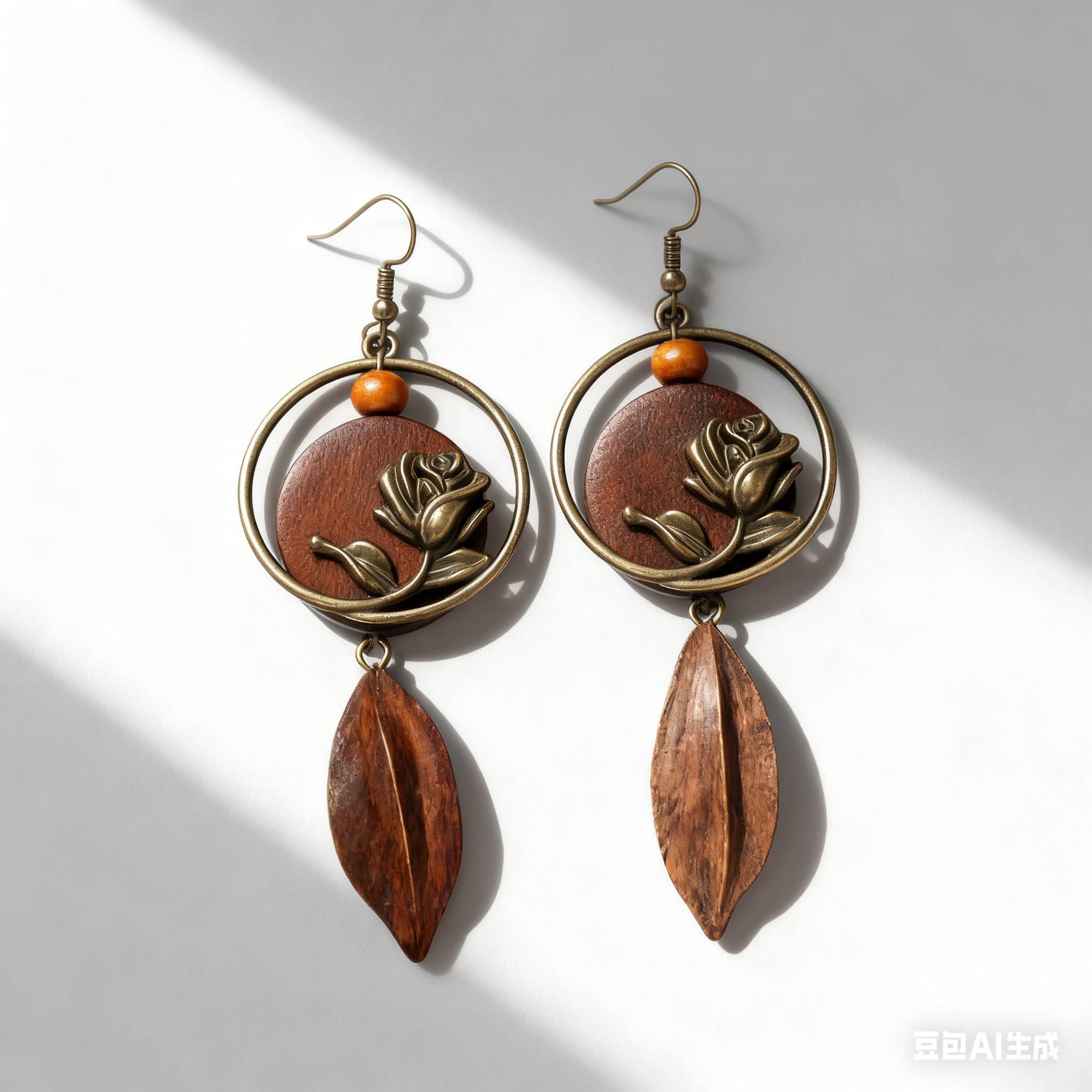 Elegant rose wood slice earrings with metal flower accents and dangling leaves for a stylish look