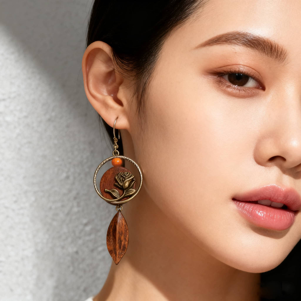 Elegant rose wood slice earrings with floral design and amber bead embellishments for a stylish look