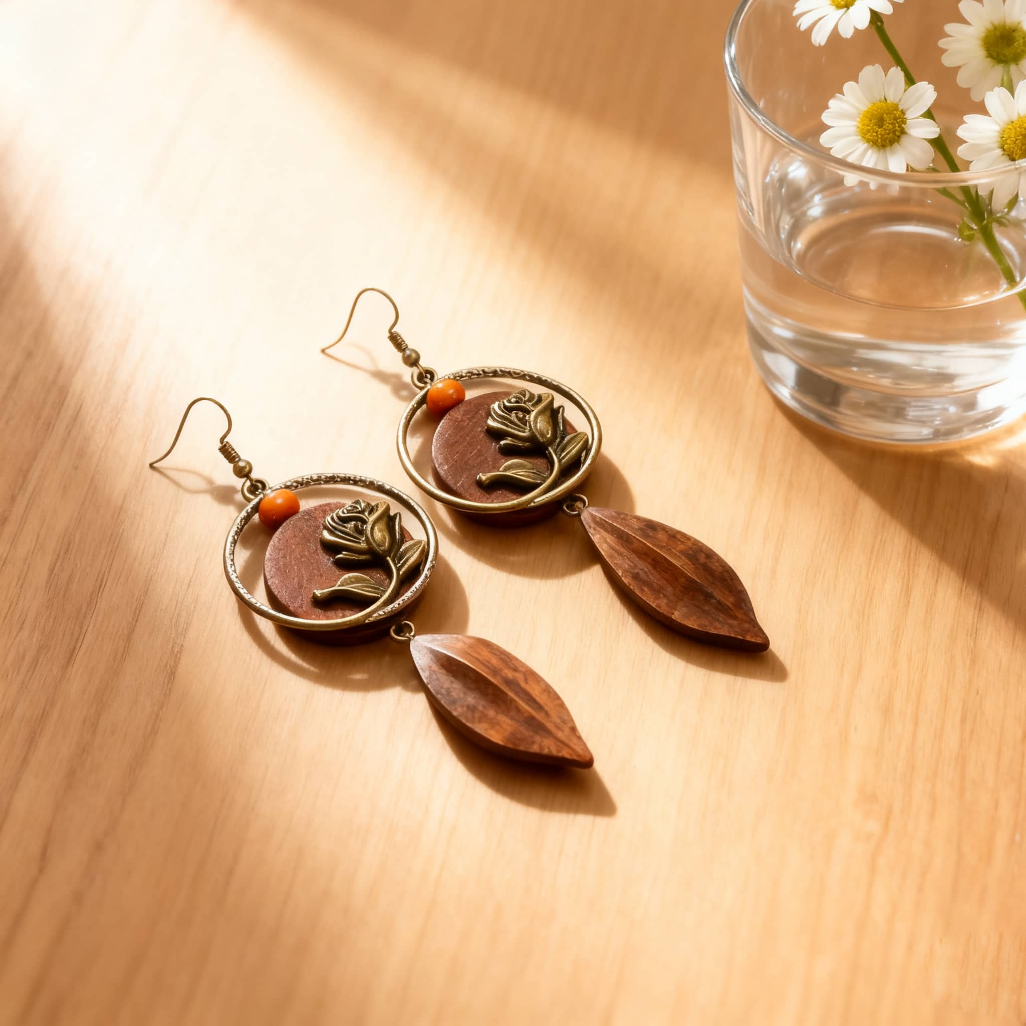 Angry earrings featuring rose wood slice earrings with floral design and orange accent, perfect for stylish outfits