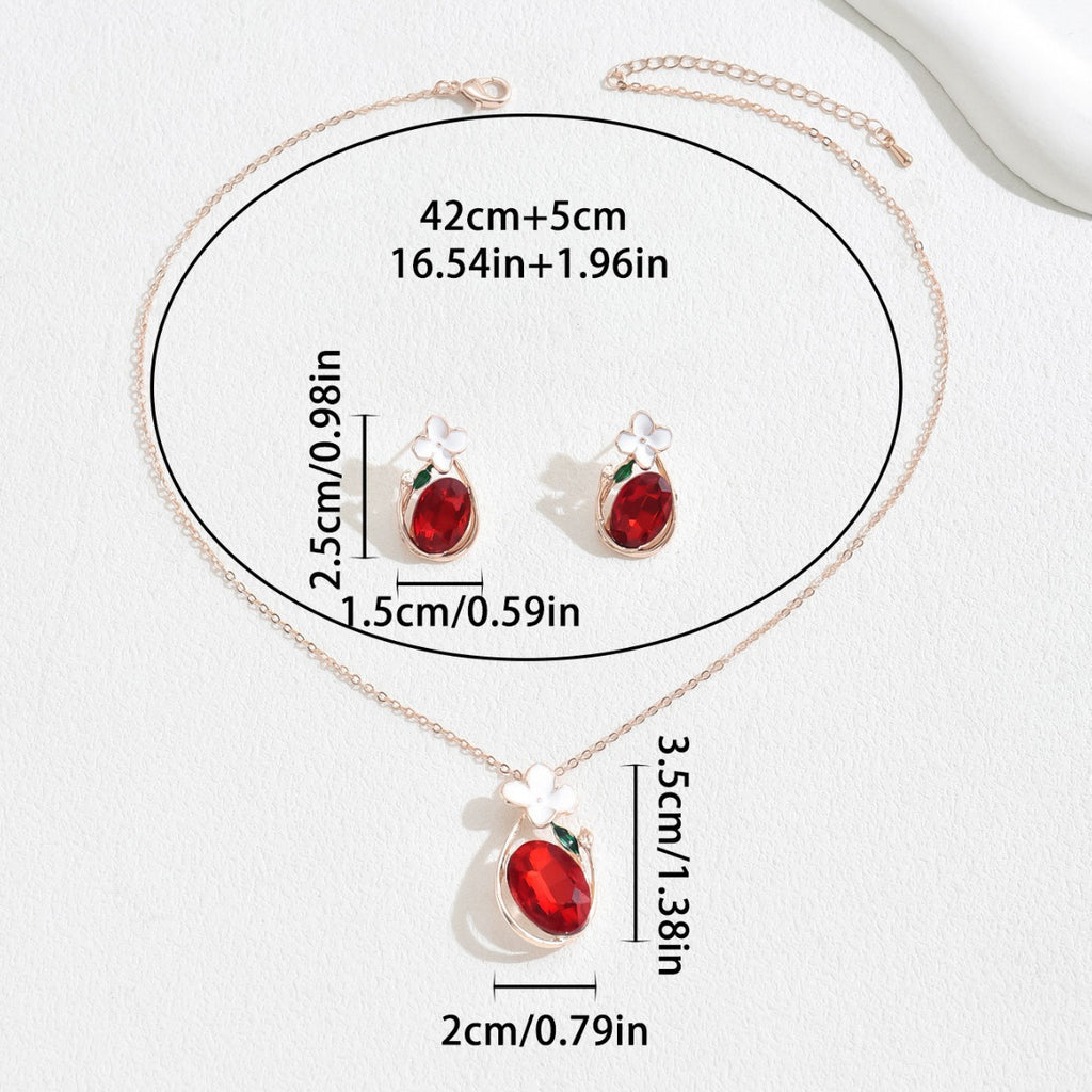 Rose gold necklace with red oval stone and flower studs red diamond necklace and earrings set adjustable chain