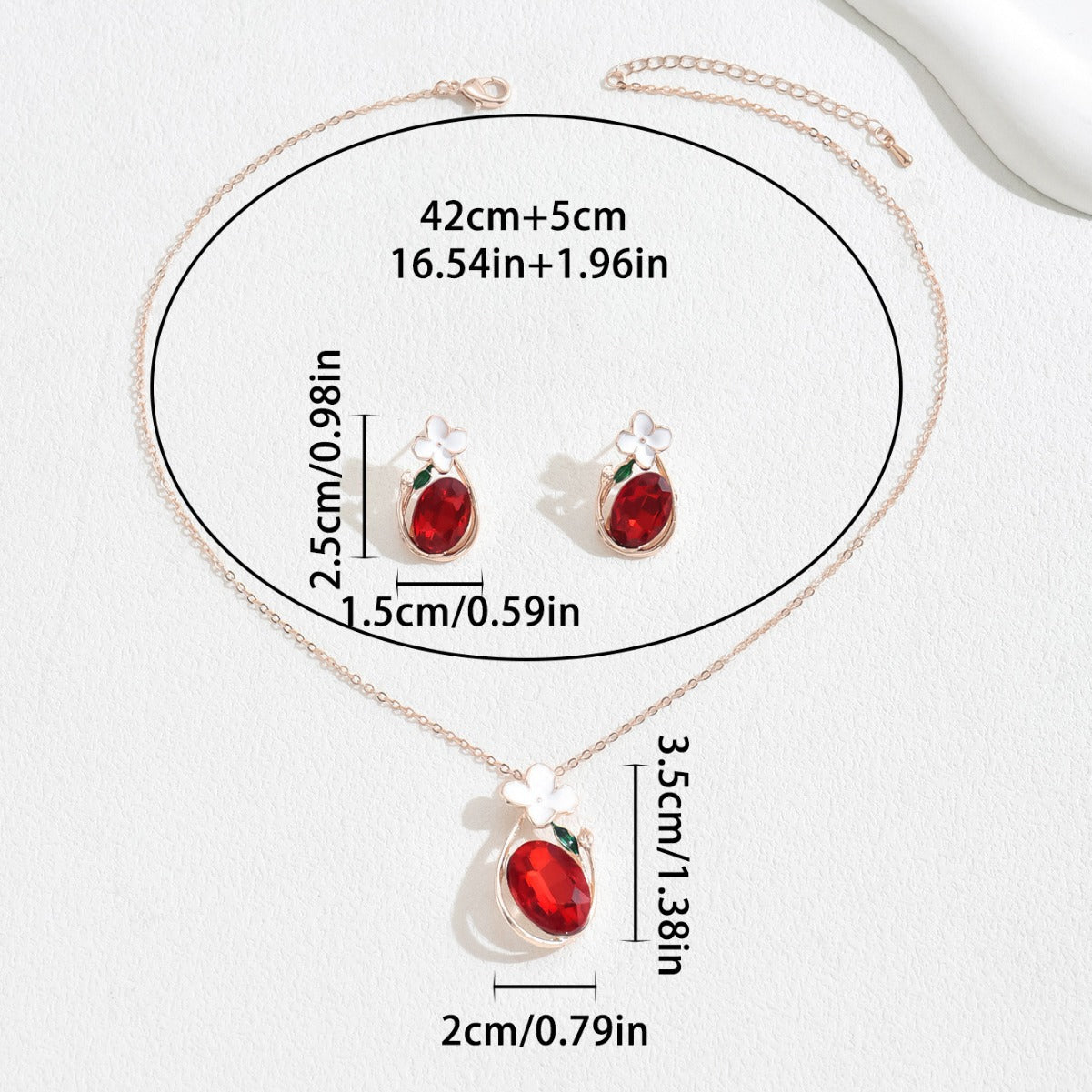 Rose gold necklace with red oval stone and flower studs red diamond necklace and earrings set adjustable chain