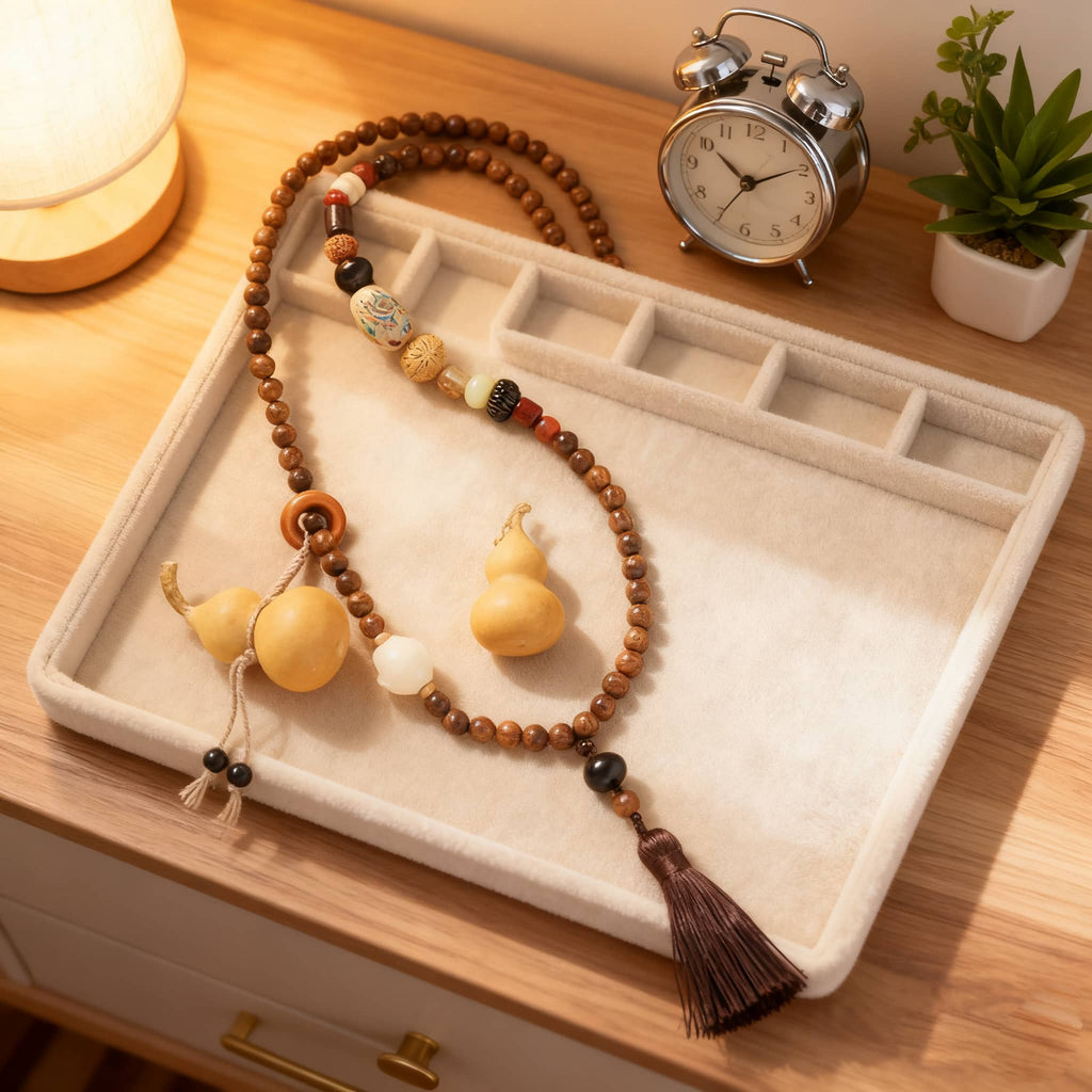 Calm necklace featuring a sandalwood bead cross-body chain with decorative elements and tassel
