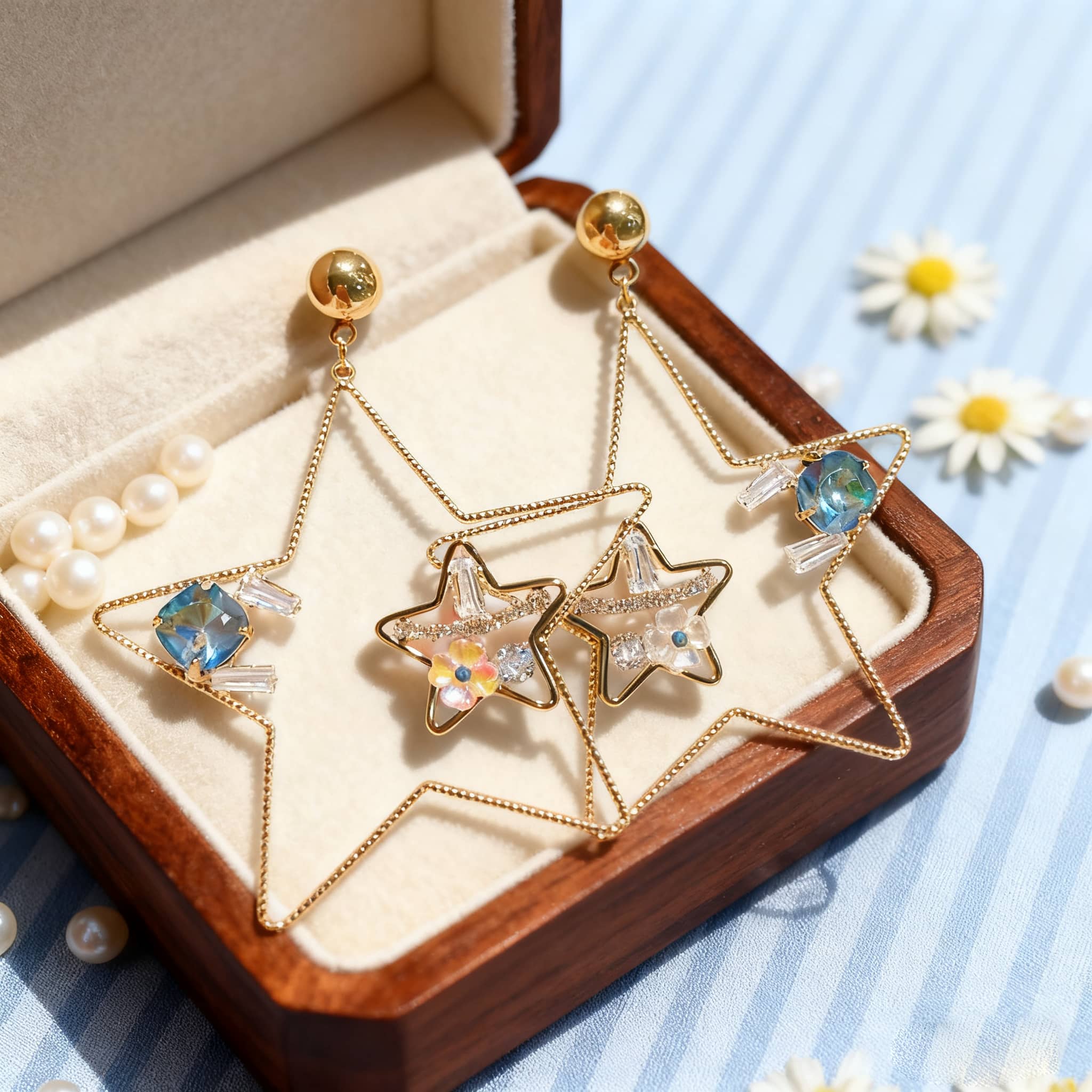5 Senses starburst stud earrings featuring clear stars and shimmering crystals in an elegant jewelry box