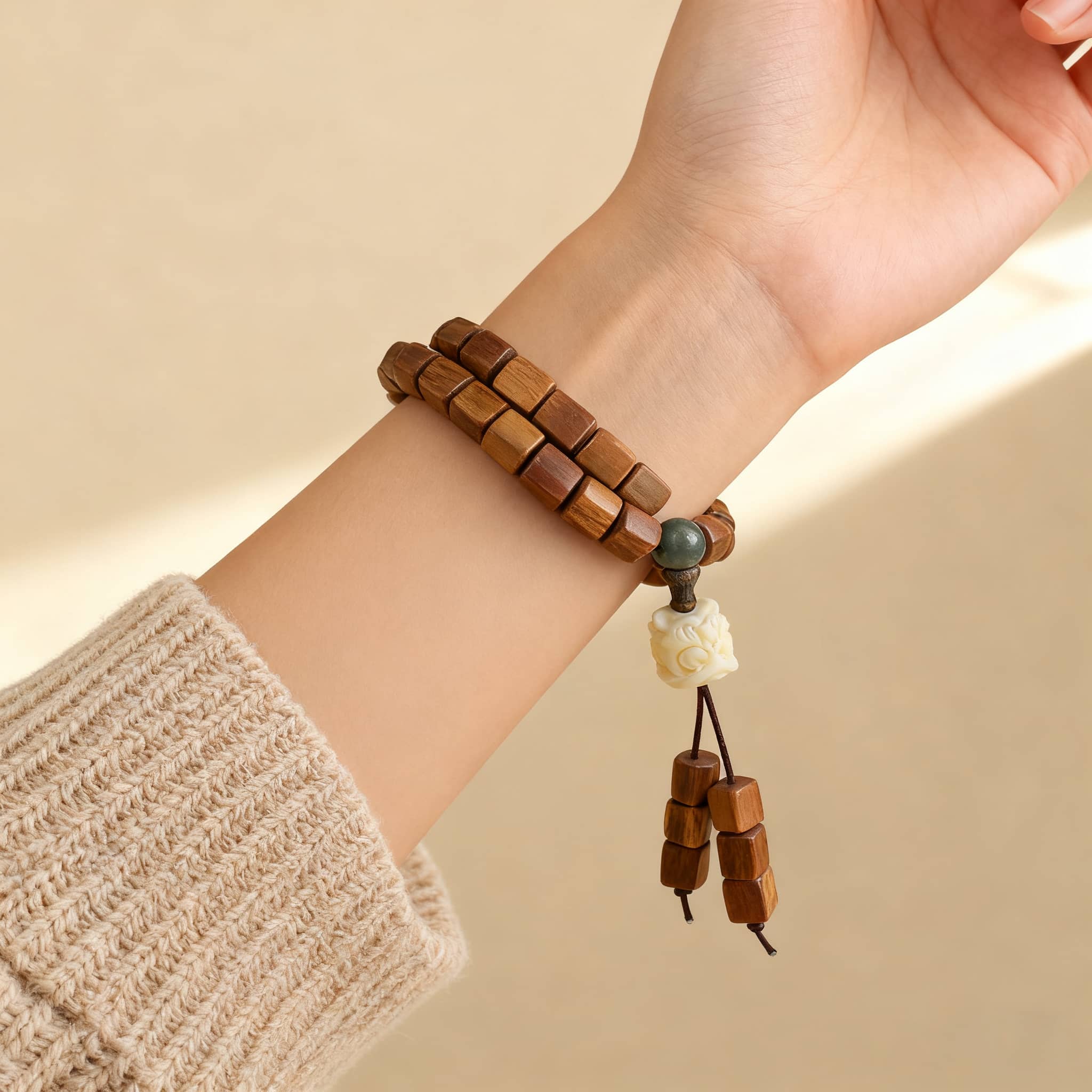 Hand wearing a green sandalwood bracelet from 5 Senses with earthy tones and unique design