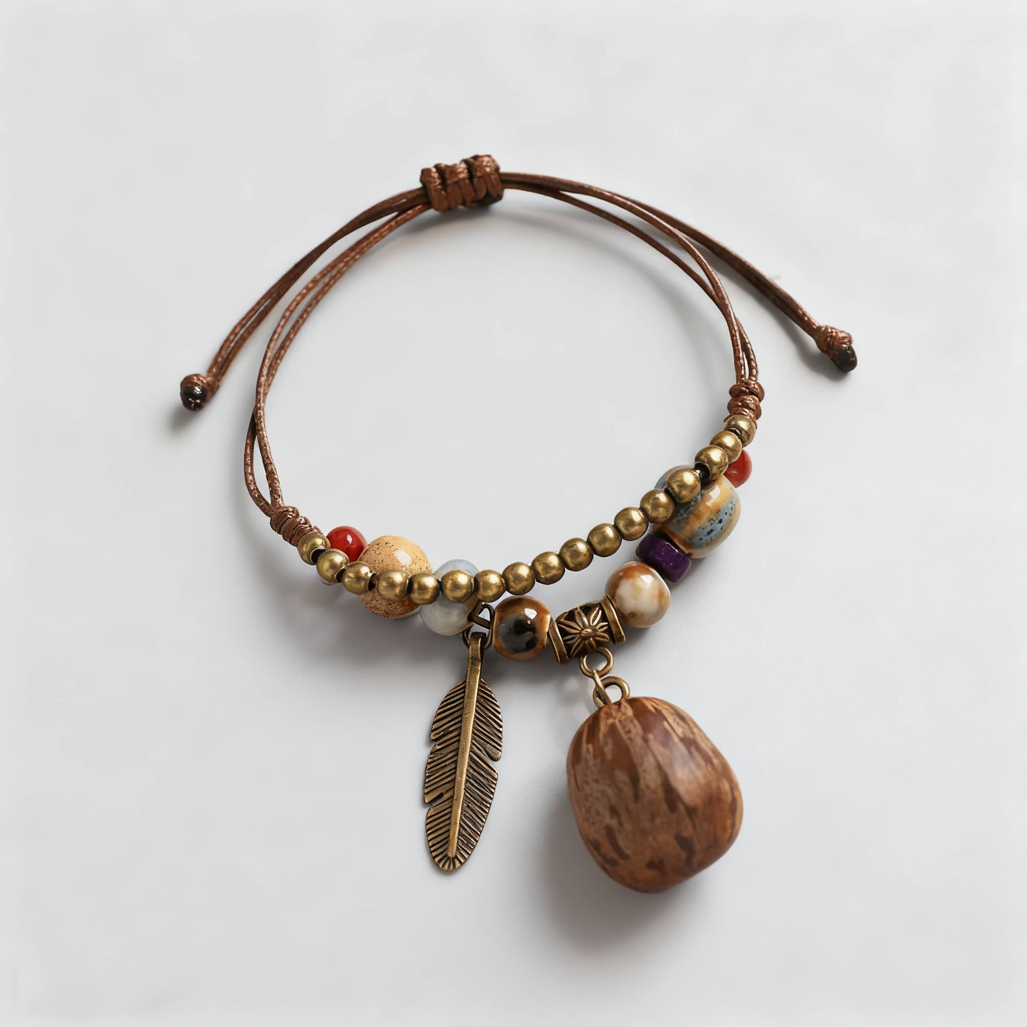 Textured berry charm bracelet featuring wooden beads and a decorative feather charm