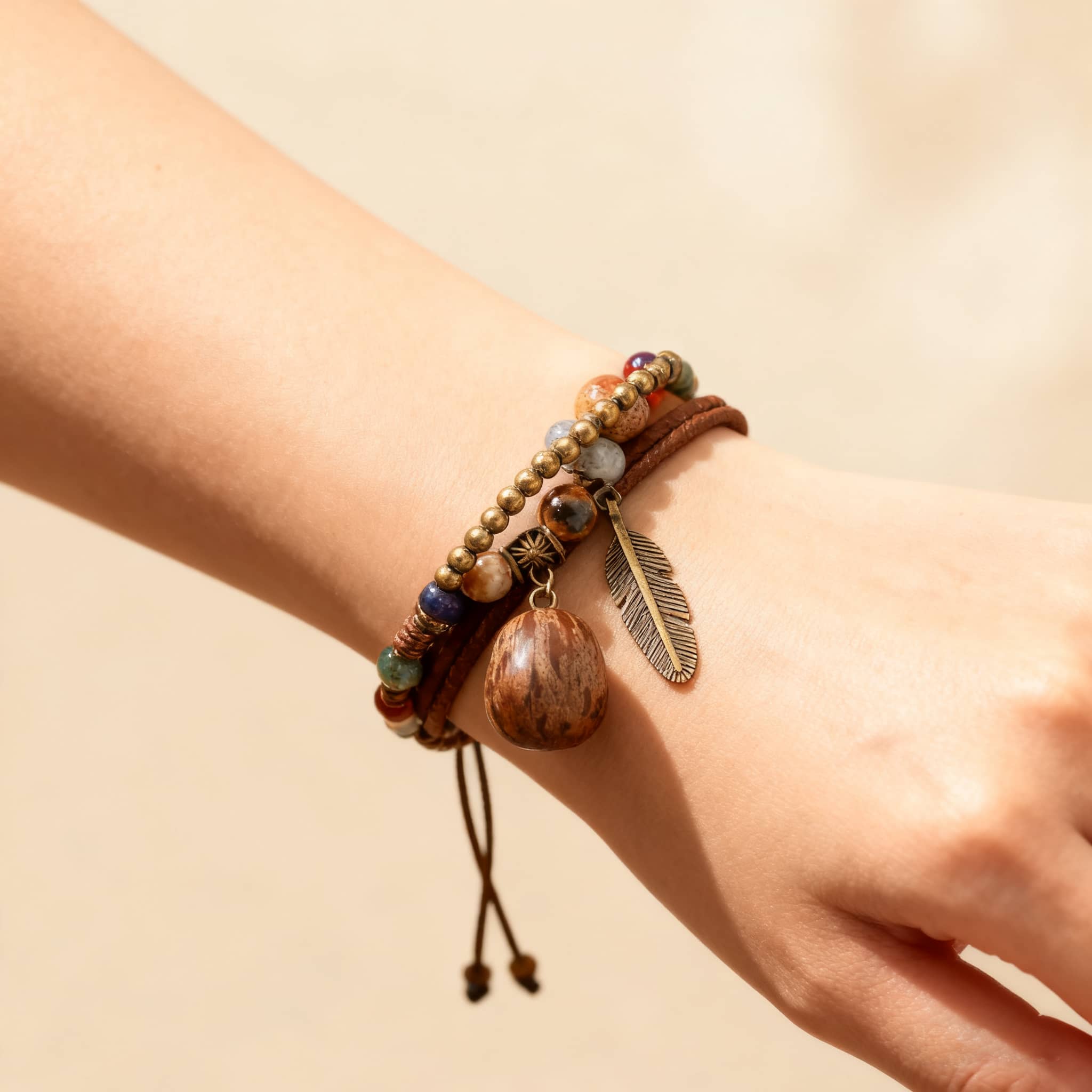 Textured berry charm bracelet with wooden beads and feather charm for a stylish boho look
